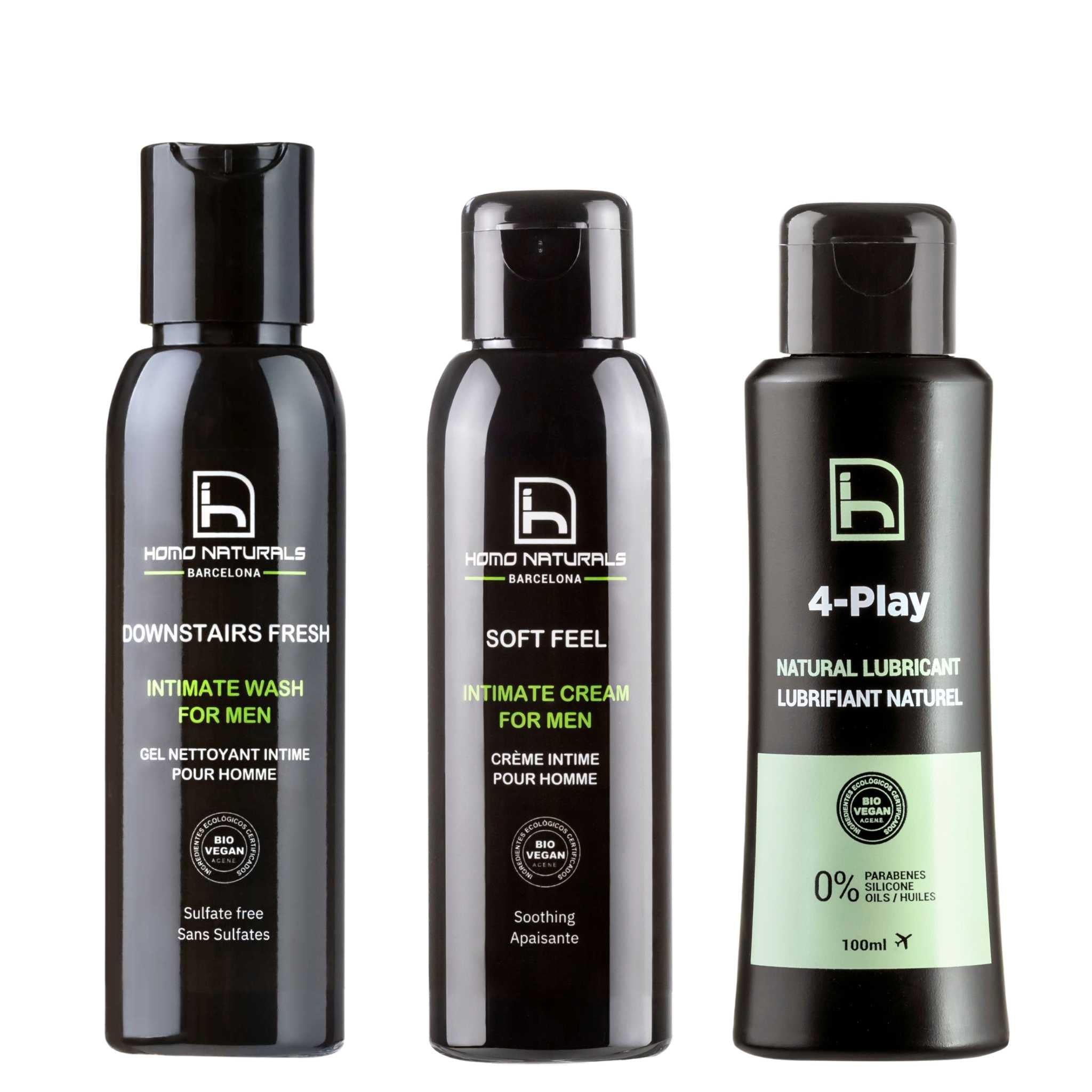 Pack de cuidado íntimo para hombre. Contiene jabón íntimo natural, crema íntima, calmante y lubricante de base agua.