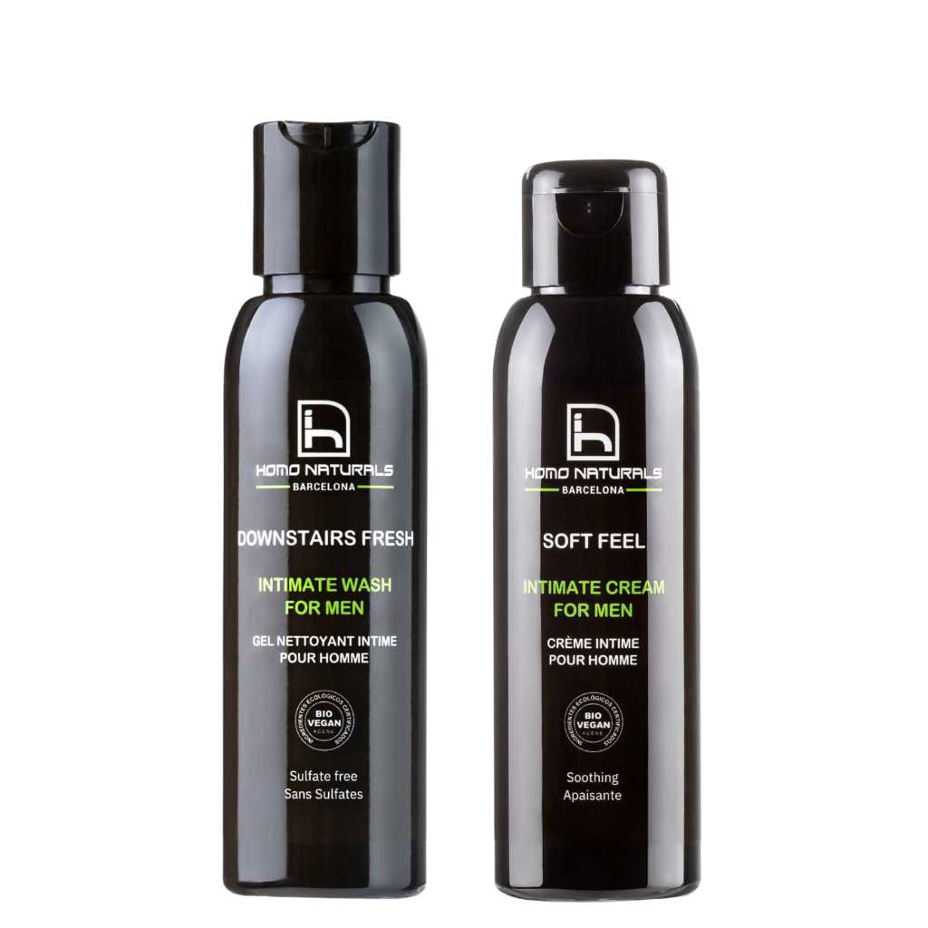 Productos de cuidado íntimo masculino: jabón íntimo natural y crema íntima calmante para hombre