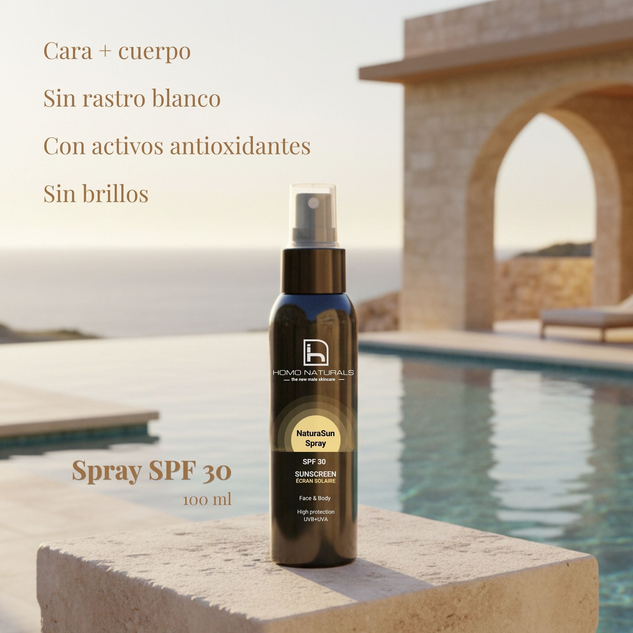 Protector solar en spray sin rastro blanco. Uso facial y corporal. Textura ligera de rápida absorción. Fórmula natural con certificación vegana.
