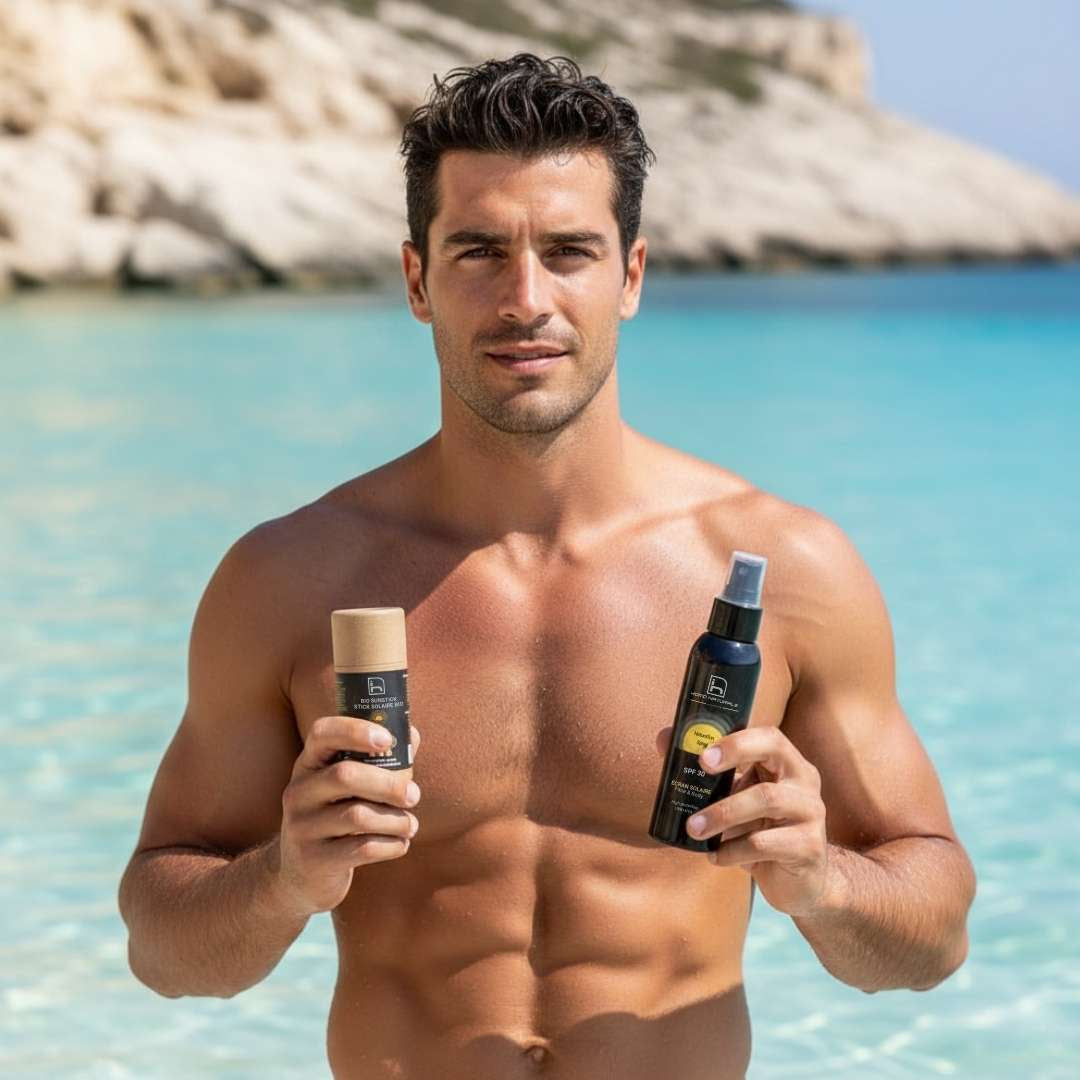 Protector solar SPF 50 para hombre en spray y stick biodegradable, natural y vegano, sin efecto blanco y de rápida absorción.