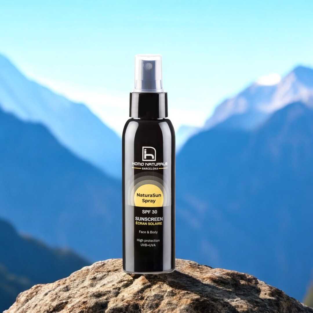 Protector solar natural en spray. Uso facial y corporal. Vegano.