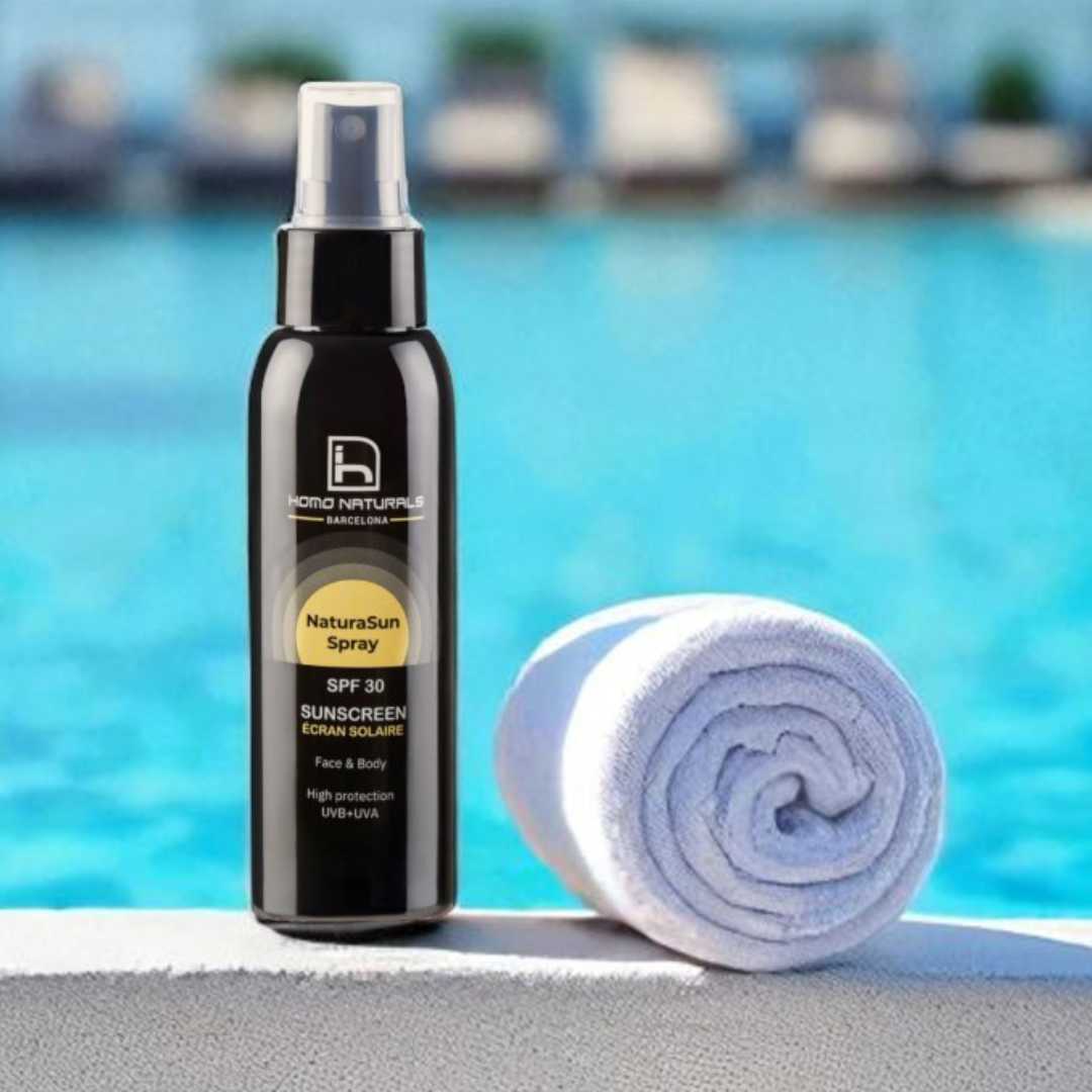 Protector solar natural en spray. SPF 30. Sin brillos. 100 ml. Textura ligera. Facial y corporal. Vegano.