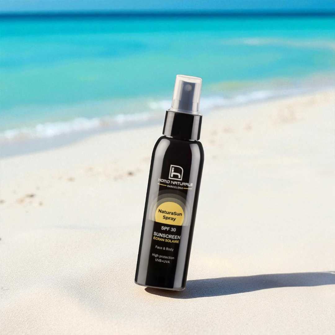 Protector solar en spray sin rastro blanco. Facial y corporal. Con ingredientes naturales y ecológicos.