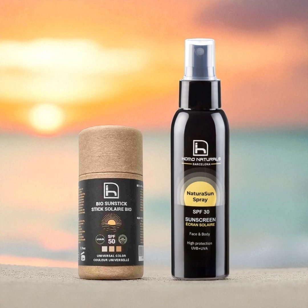 Protector solar natural para hombre SPF 50 facial y corporal. Stick biodegradable y spray sin rastro blanco.