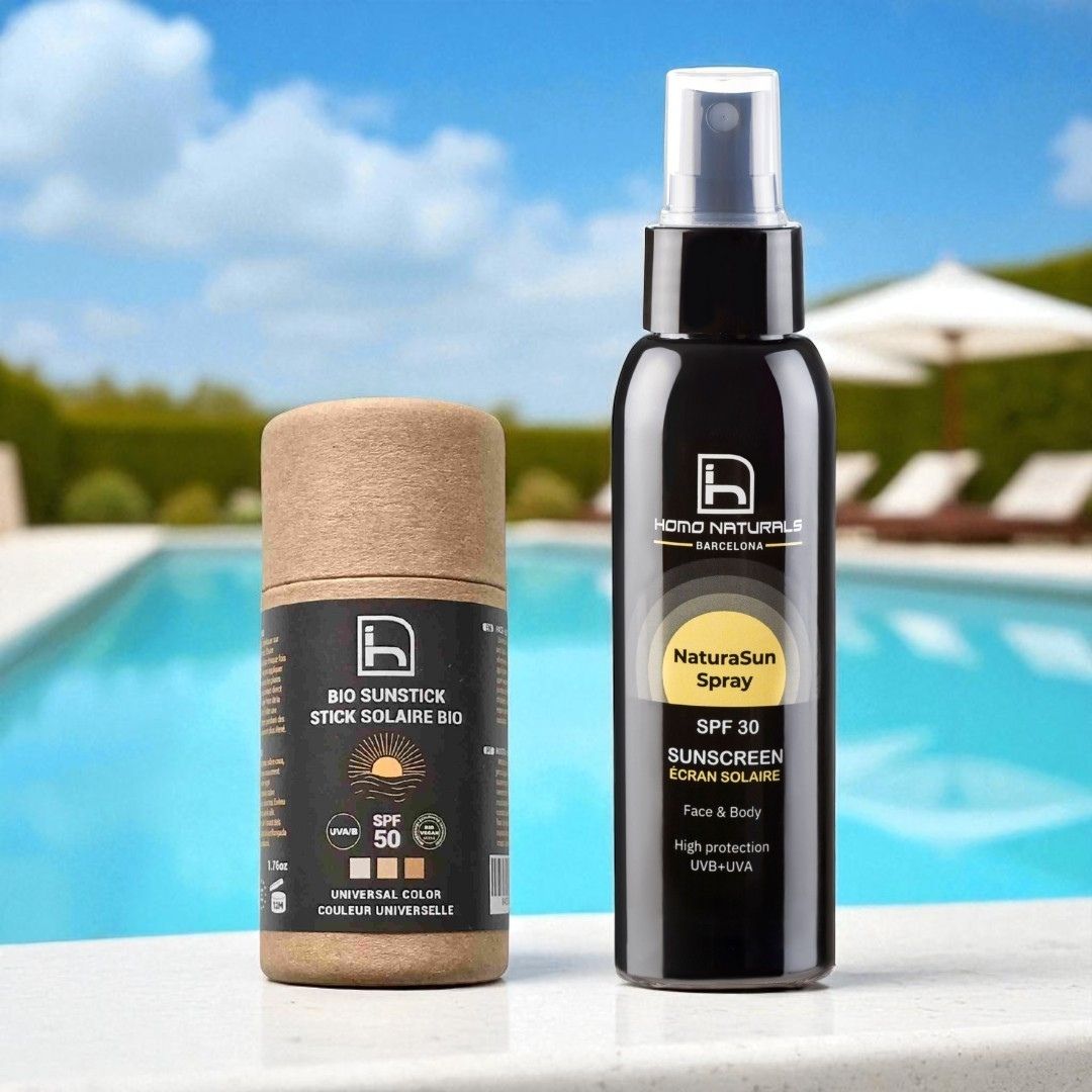 Protector solar para hombre SPF 50 en spray sin rastro blanco y en stick biodegradable, natural y vegano.