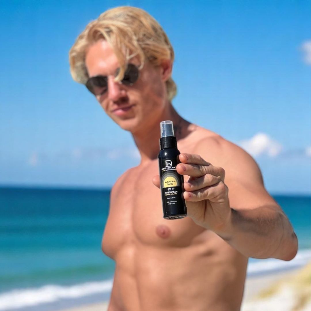 Protector solar en spray para hombre. Natural y vegano.