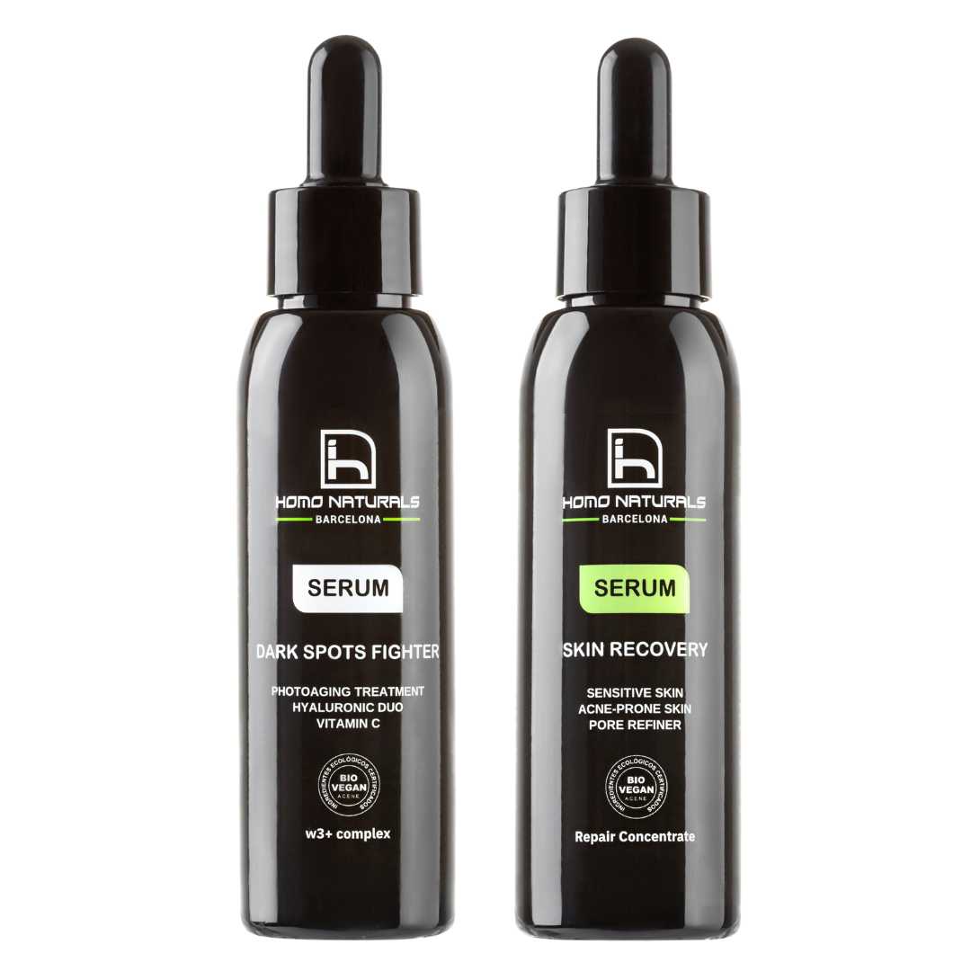 Serums antiedad para hombre. Con acido hialuronico. Funcion antimanchas, afinador de poros, pieles sensibles y acneicas. Naturales, ecologicos y veganos.