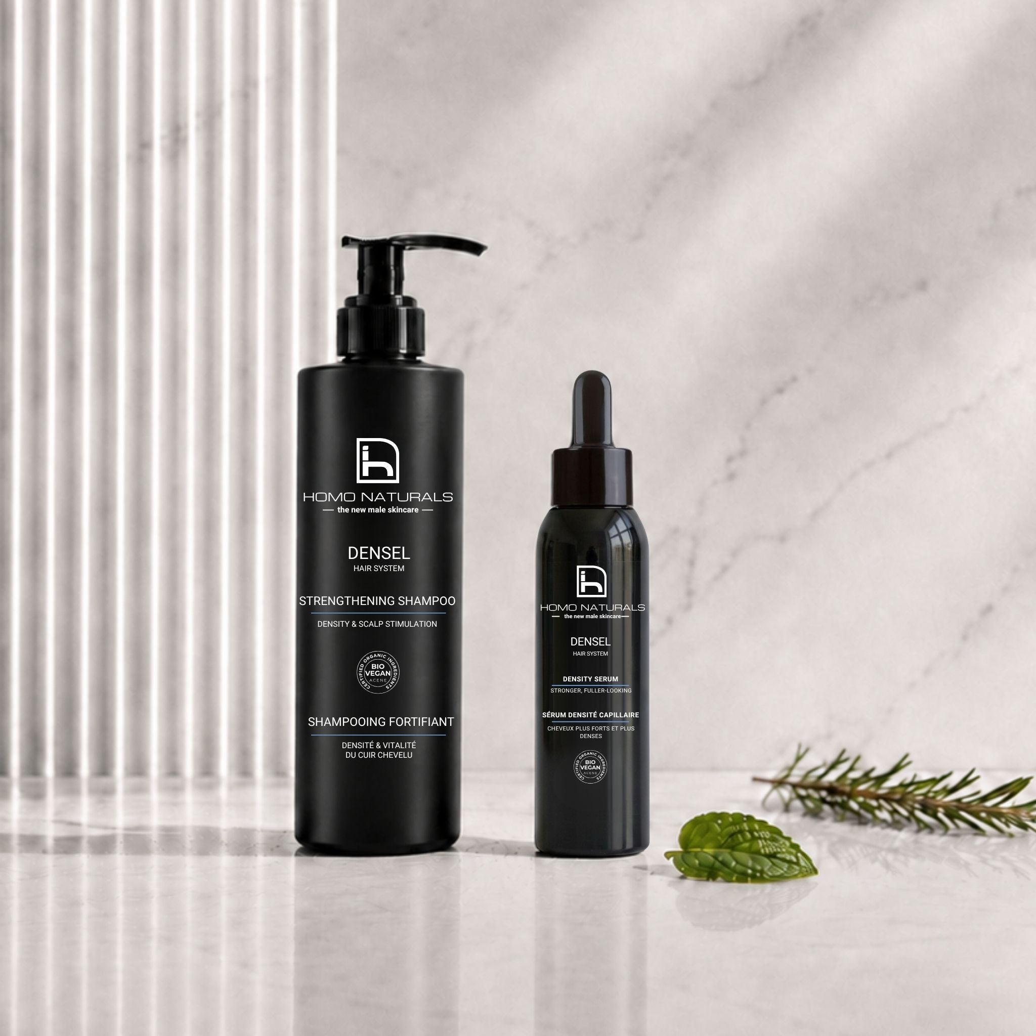 Foto del tratamiento anticaída capilar para hombre de la marca Homo Naturals. Se compone de una rutina de cuidado capilar en 2 pasos: champú reforzante y serum para aumentar la densidad capilar. Tratamiento natural con certificación ecológica y vegana.