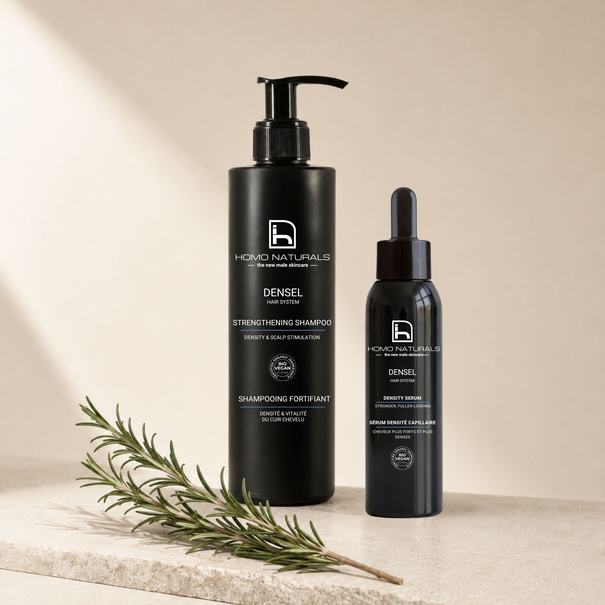 Tratamiento capilar para hombre en 2 pasos: champú + serum anticaída.