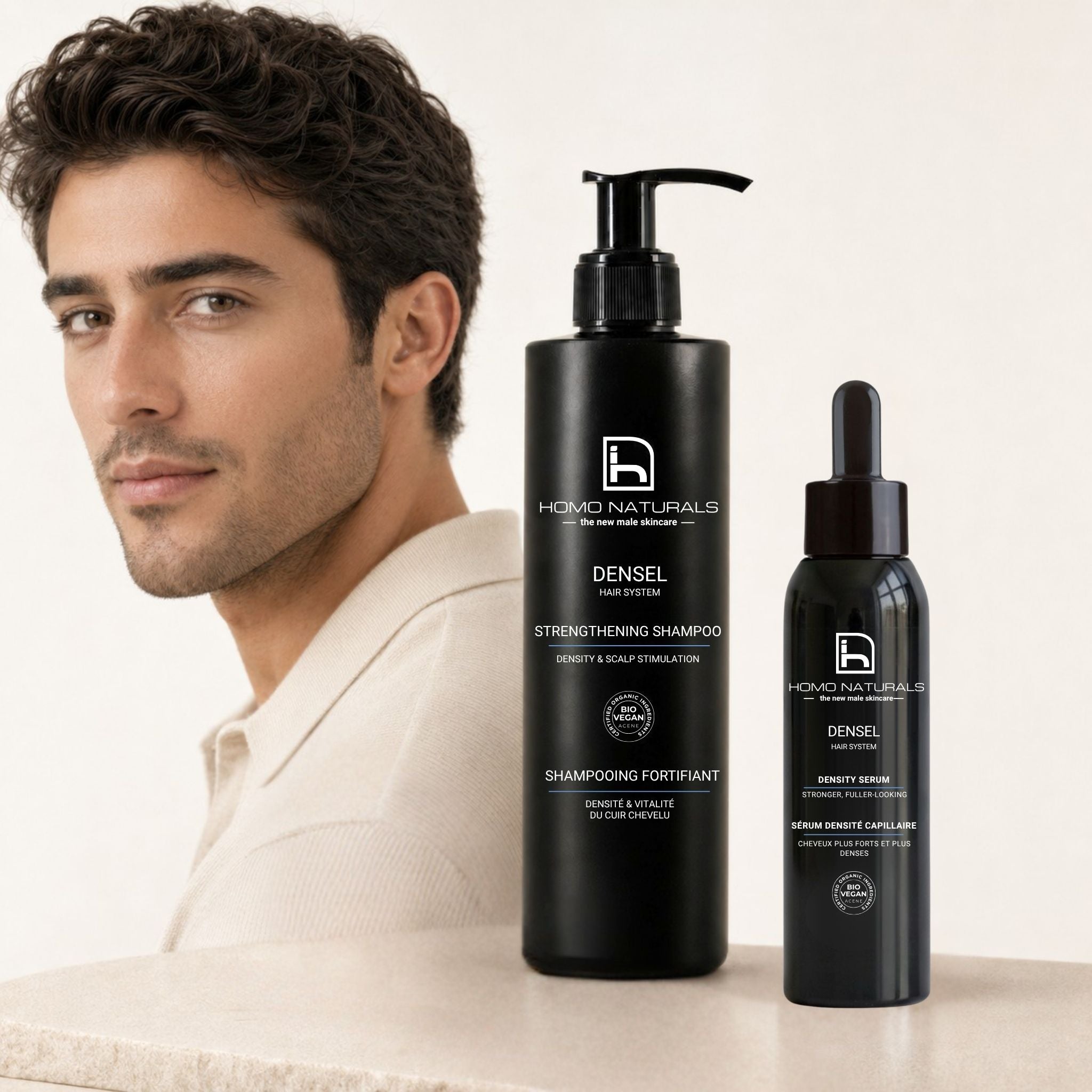 Tratamiento para cabello fino del hombre y con tendencia a la caida en 2 pasos: champú + serum.