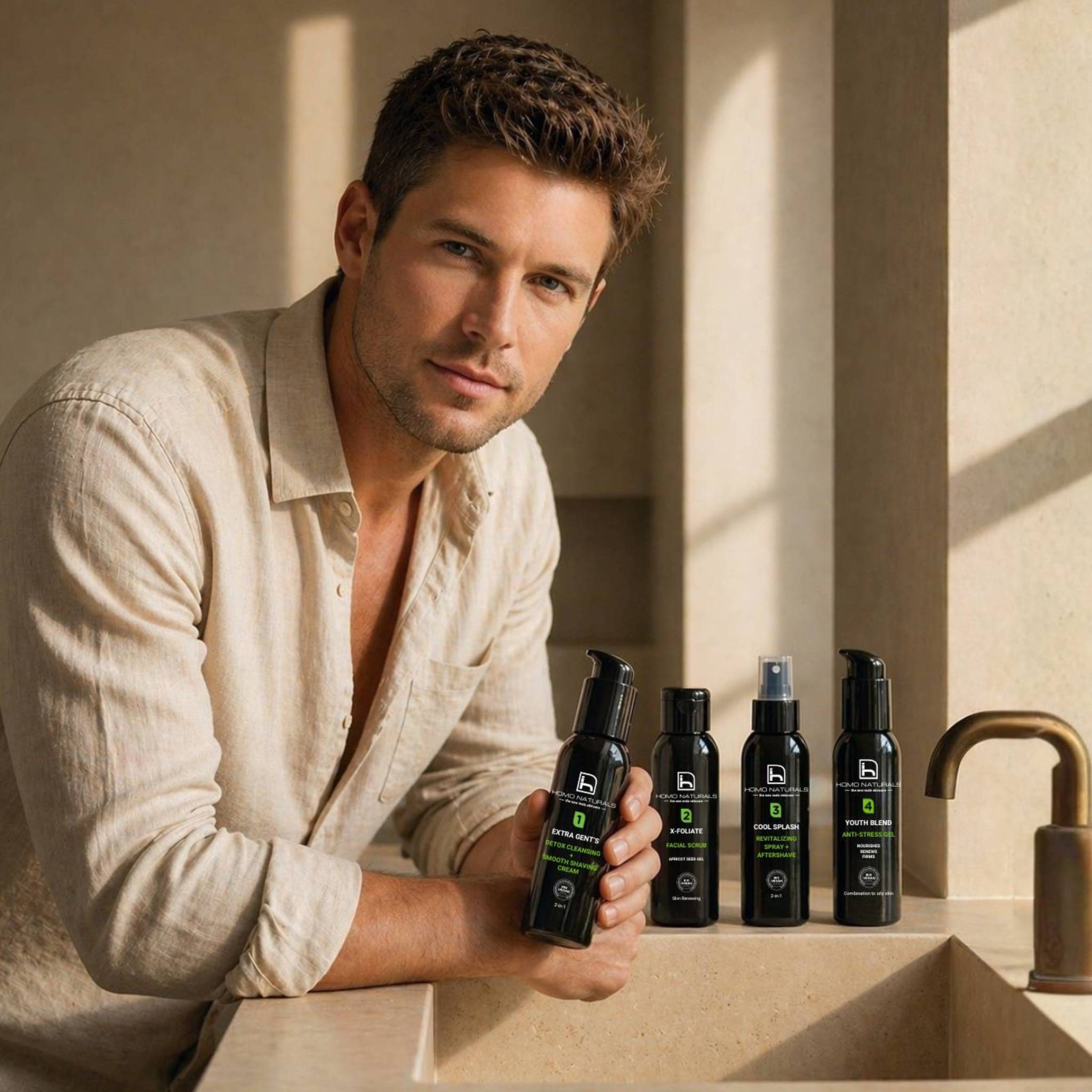 Tratamiento facial antiedad para hombre en 4 pasos con crema antiedad hombre, rutina de cuidado facial hombre natural, ecológica y vegana para mejorar la hidratación, firmeza y aspecto de la piel del hombre