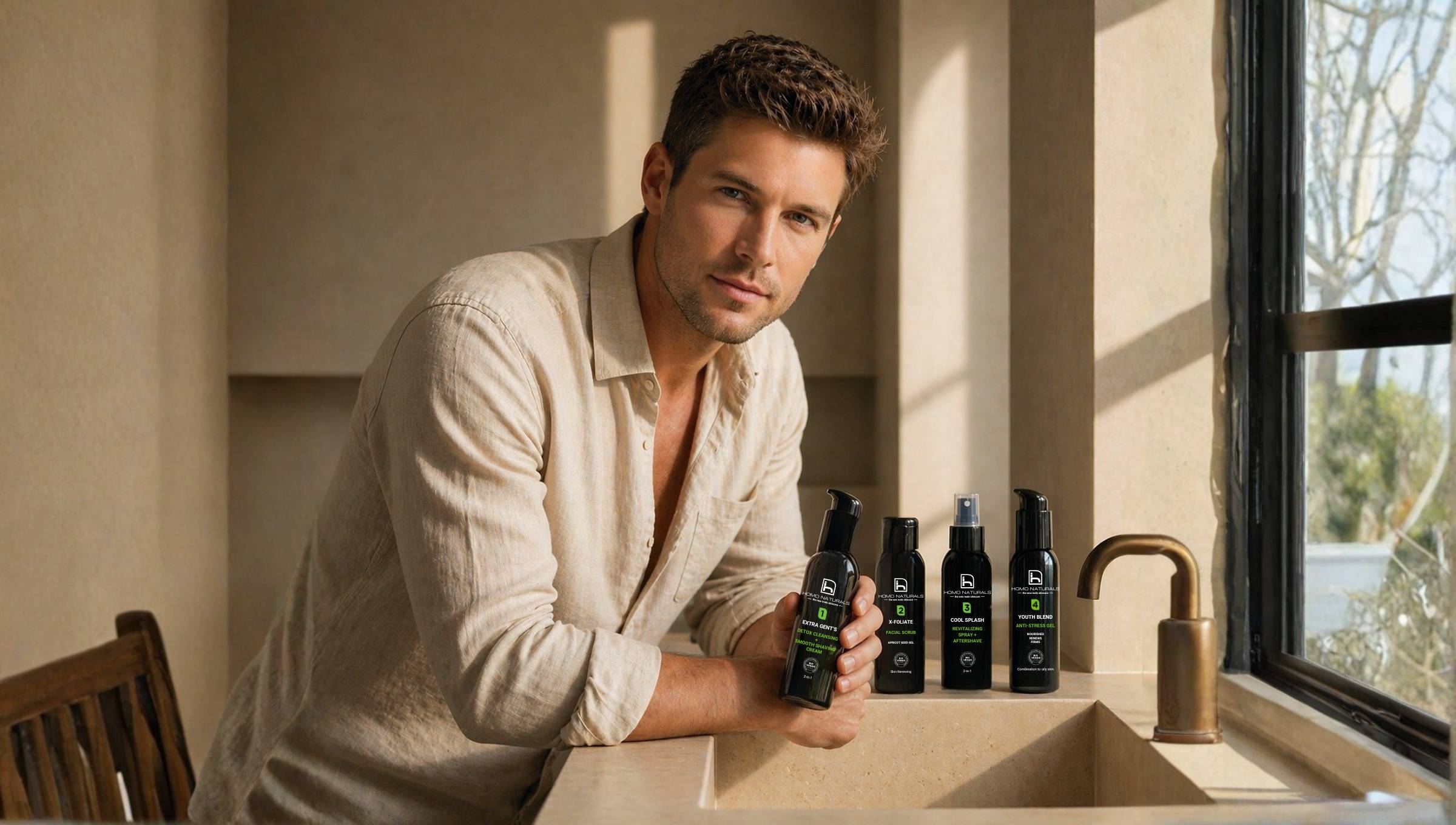Productos naturales de skincare para hombre. Fórmulas antiedad y antienvejecimiento cutáneo. Con ácido hialurónico, Bakuchiol y péptidos. Certificación ecológica y vegana.