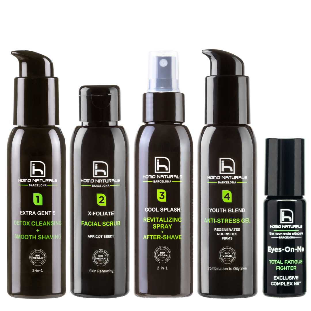 Kit cuidado facial piel grasa hombre con tratamiento para el contorno de ojos.
