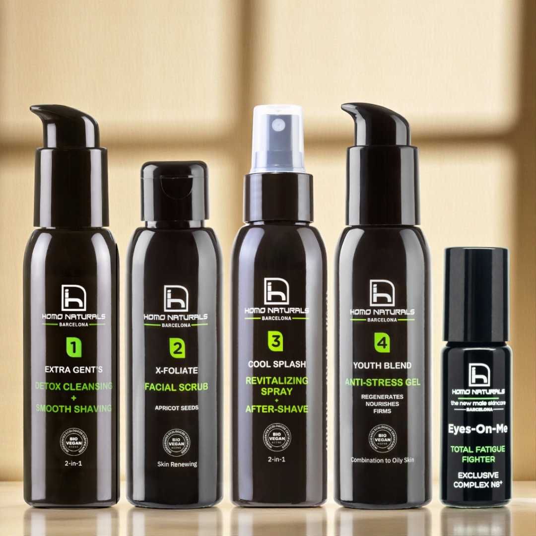 Tratamiento facial antiedad bolsas ojos hombre.