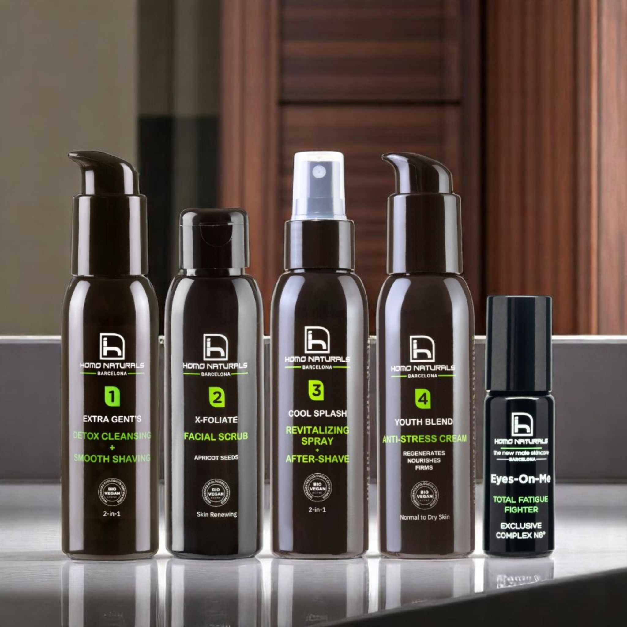 Tratamiento facial antiedad bolsas ojos hombre.