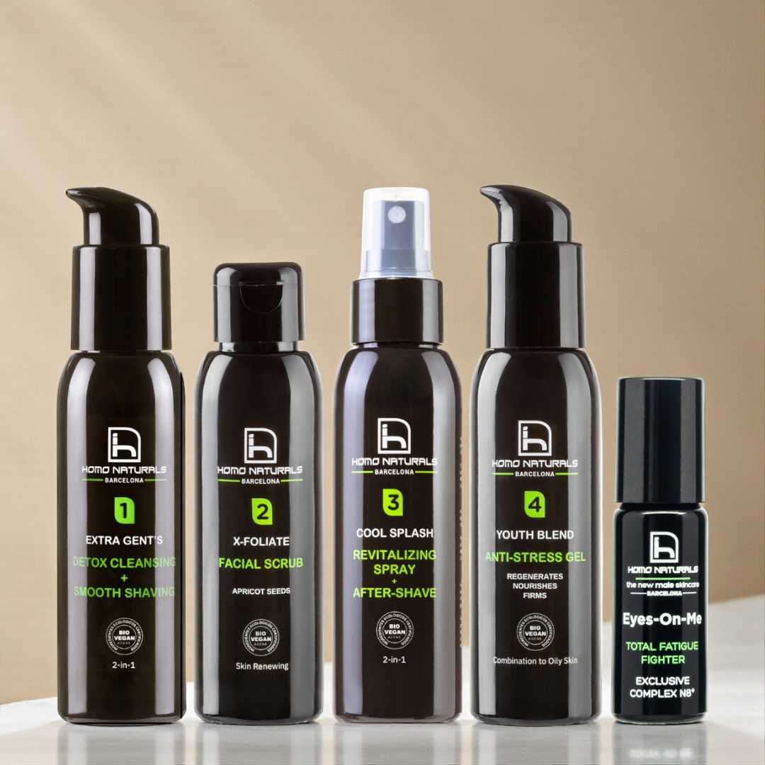 Tratamiento facial antiedad bolsas ojos hombre.