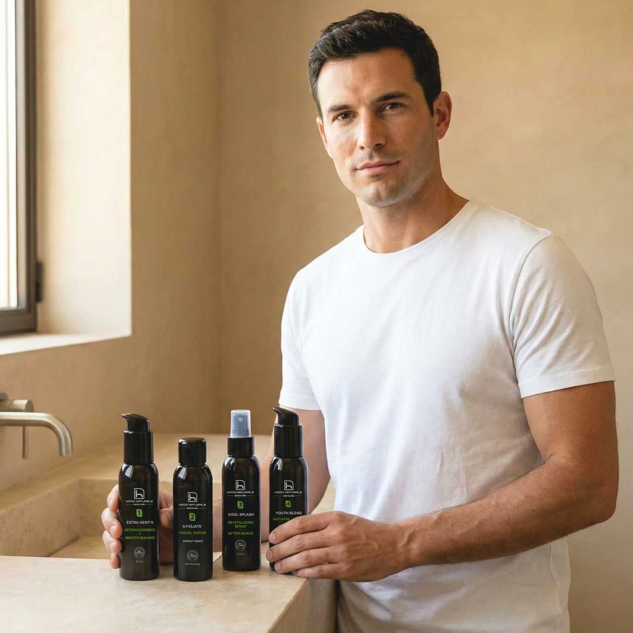 Tratamiento facial antiedad para hombre en 4 pasos con crema antiedad hombre, rutina de cuidado facial hombre natural, ecológica y vegana para mejorar la hidratación, firmeza y aspecto de la piel del hombre