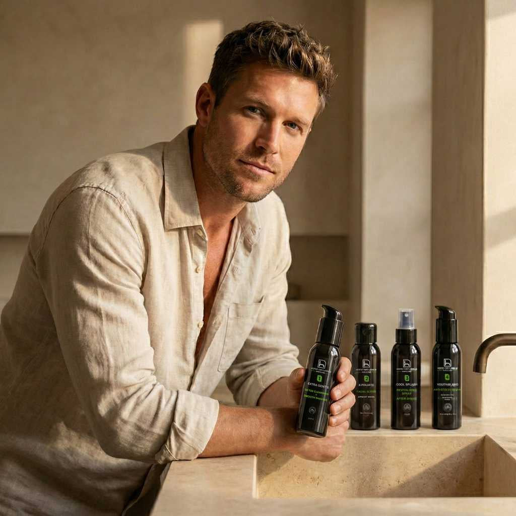 Tratamiento facial antiedad para hombre en 4 pasos con crema antiedad hombre, rutina de cuidado facial hombre natural, ecológica y vegana para mejorar la hidratación, firmeza y aspecto de la piel del hombre