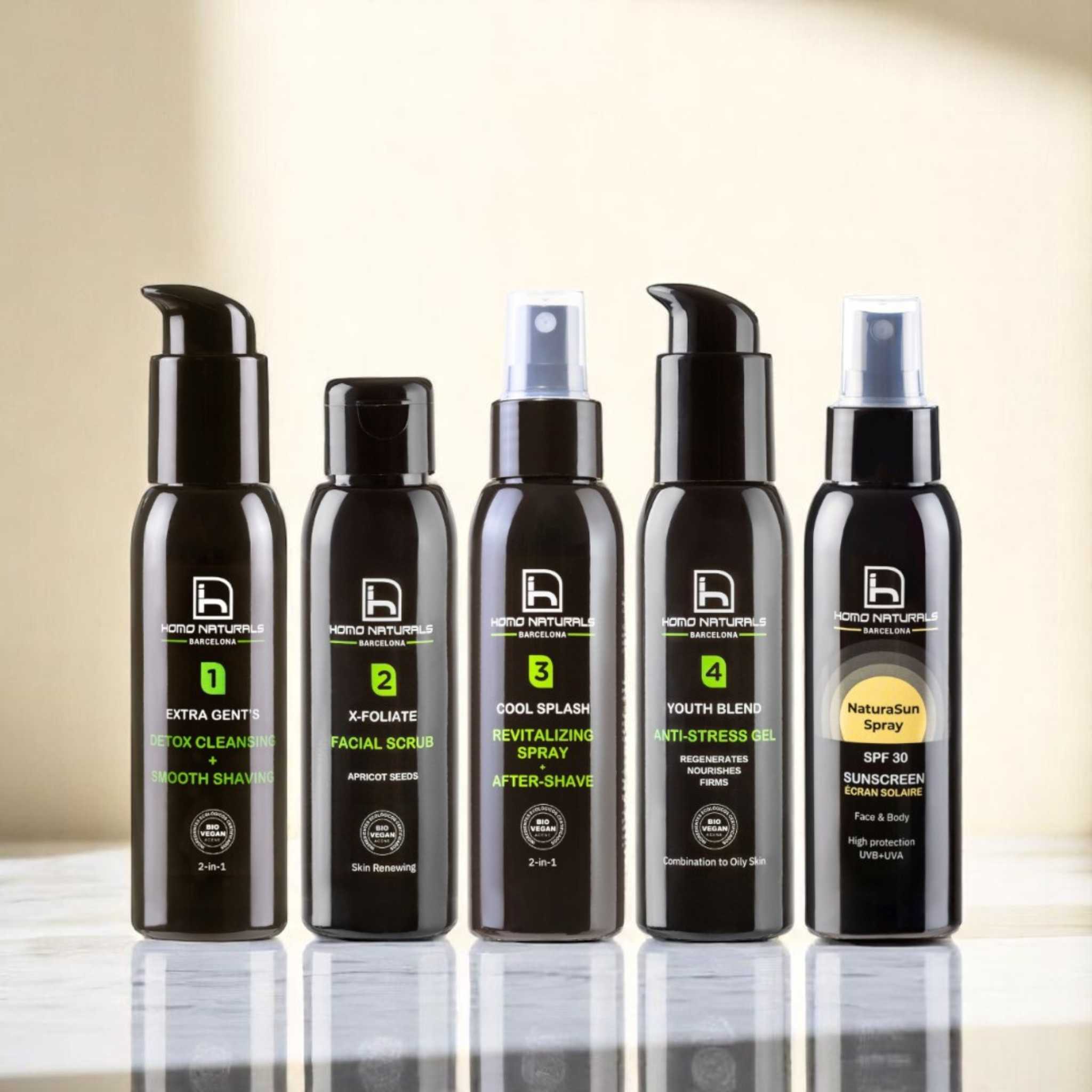 Tratamiento facial antiedad para hombre con crema antiedad y protector solar para una piel más protegida y cuidada.