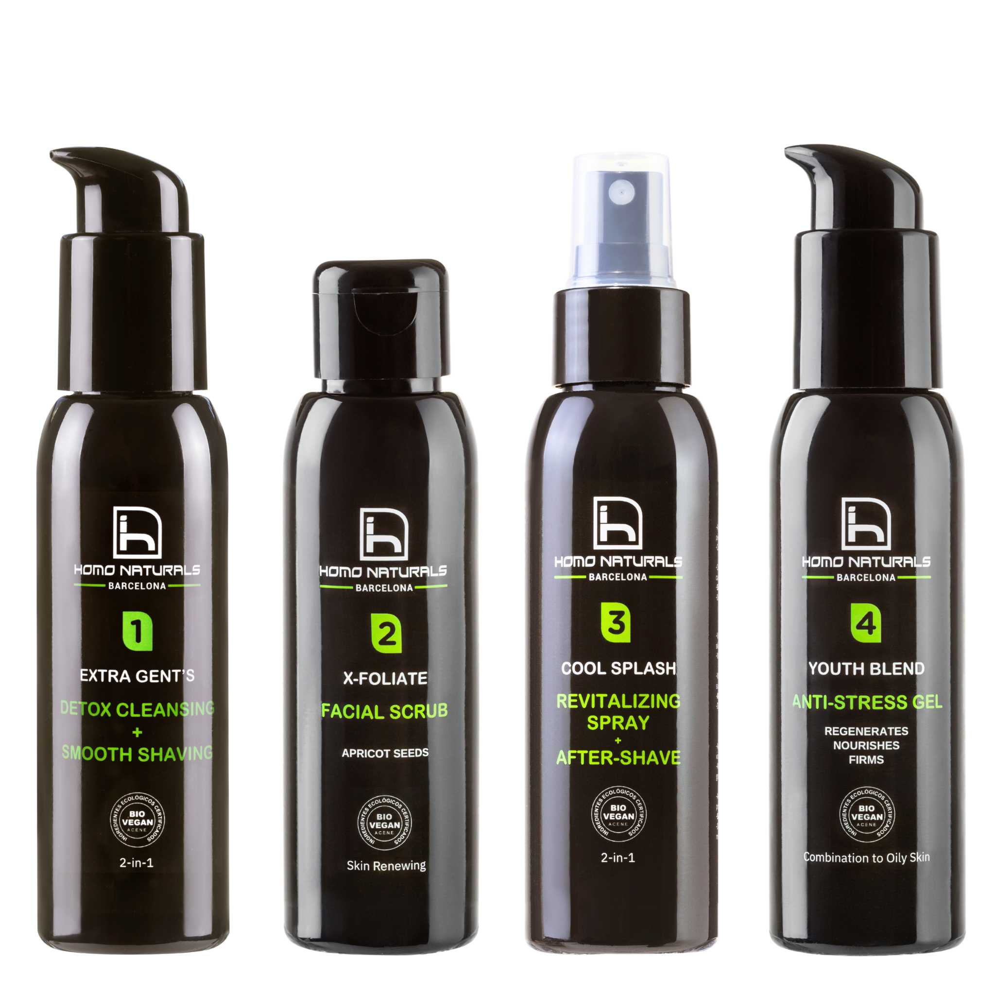 Kit cuidado facial hombre. Limpiador facial, exfoliante, tónico y crema antiarrugas para piel grasa. Natural, ecológico.