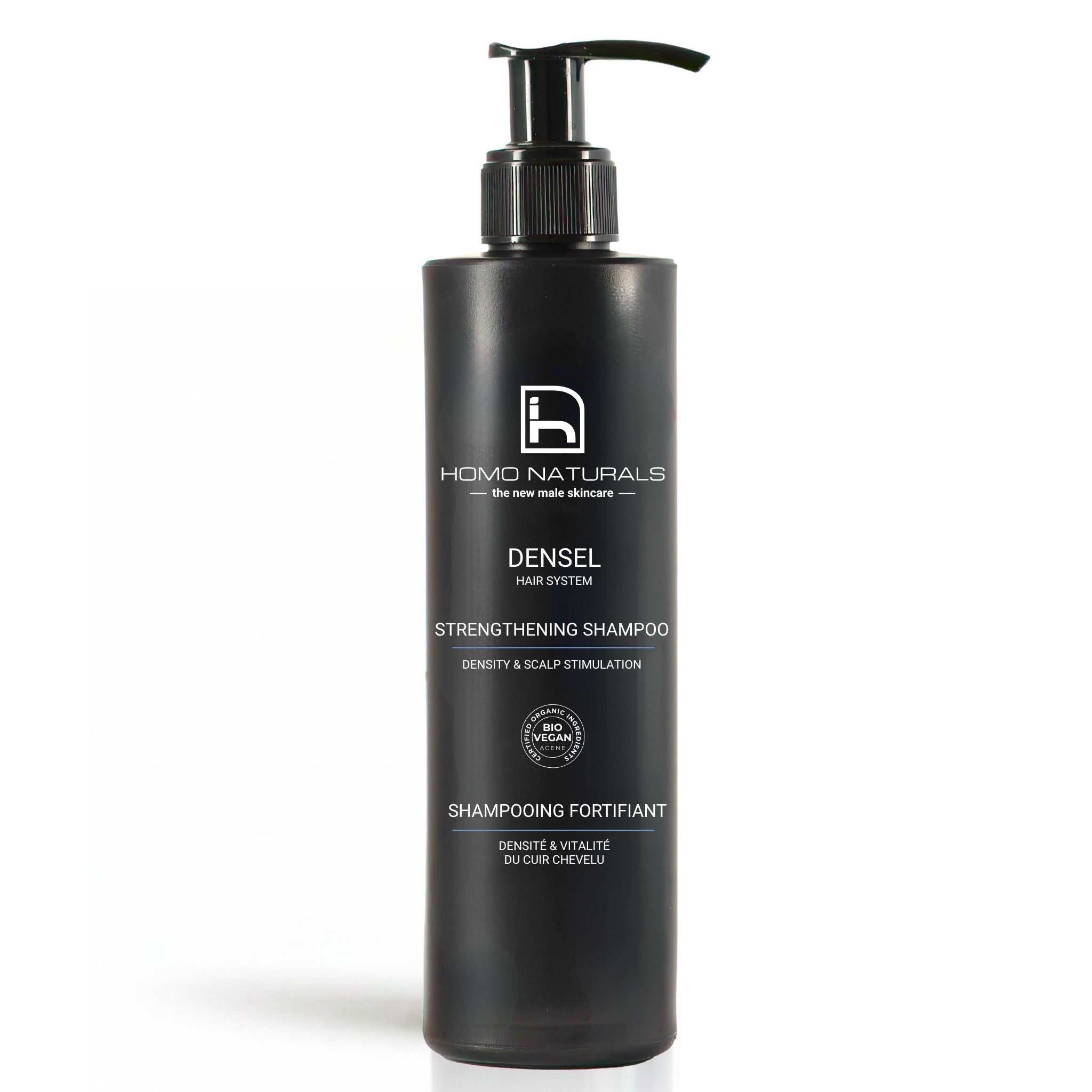 Botella de DENSEL Hair System Shampoo, champú anticaída y fortalecedor para hombre.