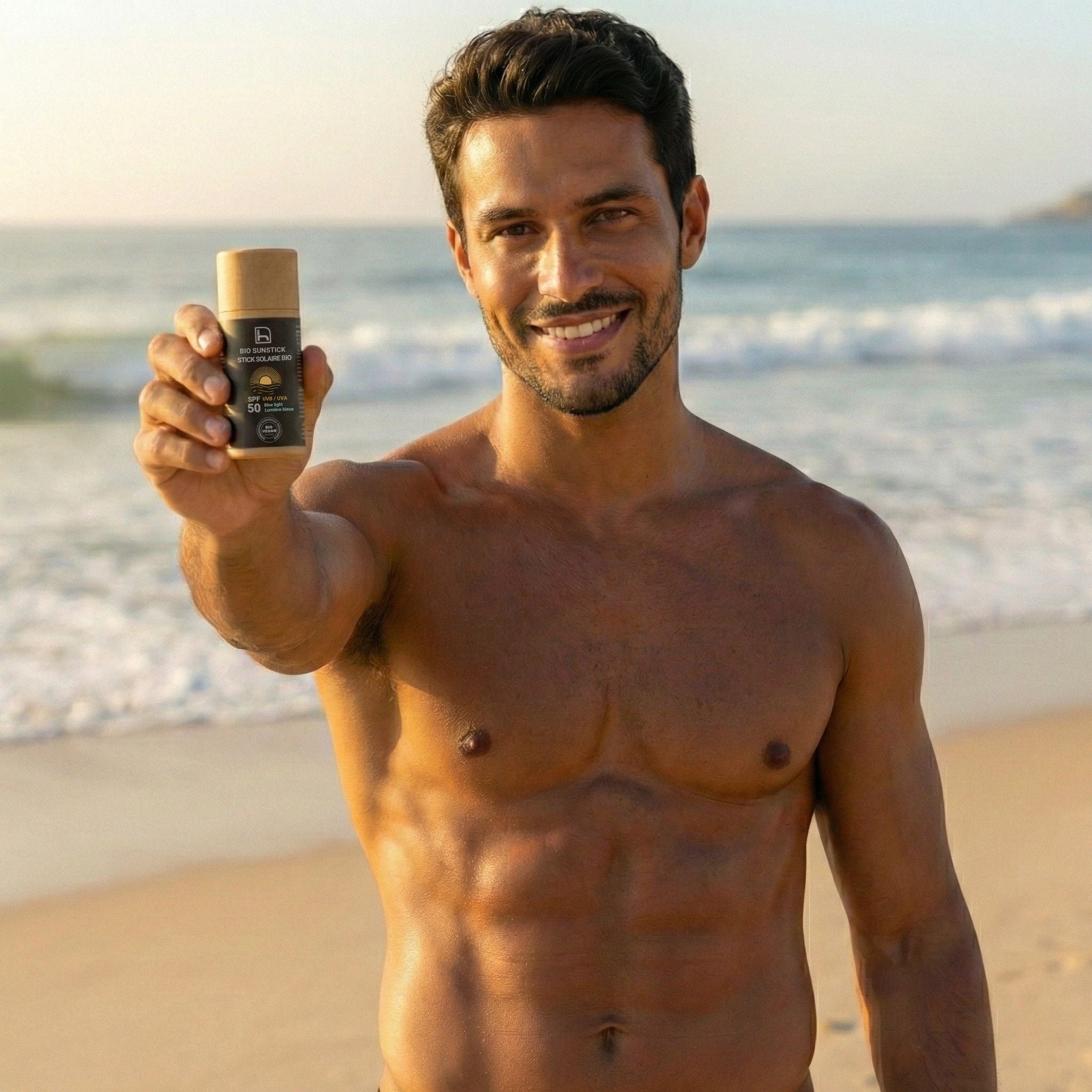 Hombre aplicando Bio Sunstick SPF50 de Homo Naturals durante un día de playa para proteger la piel frente a los rayos UVA y UVB.