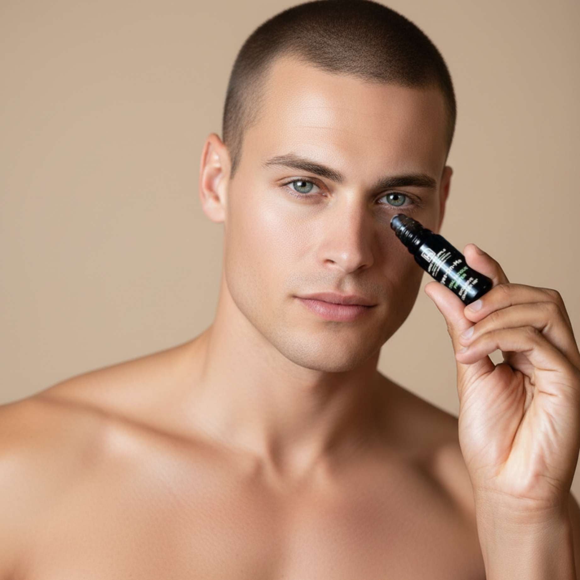 Roll-on contorno de ojos para hombre con cafeína y ácido hialurónico que reduce ojeras oscuras, bolsas bajo los ojos y signos de cansancio, tratamiendo 2-en-1 como corrector facial y antiojeras para piel masculina natural.