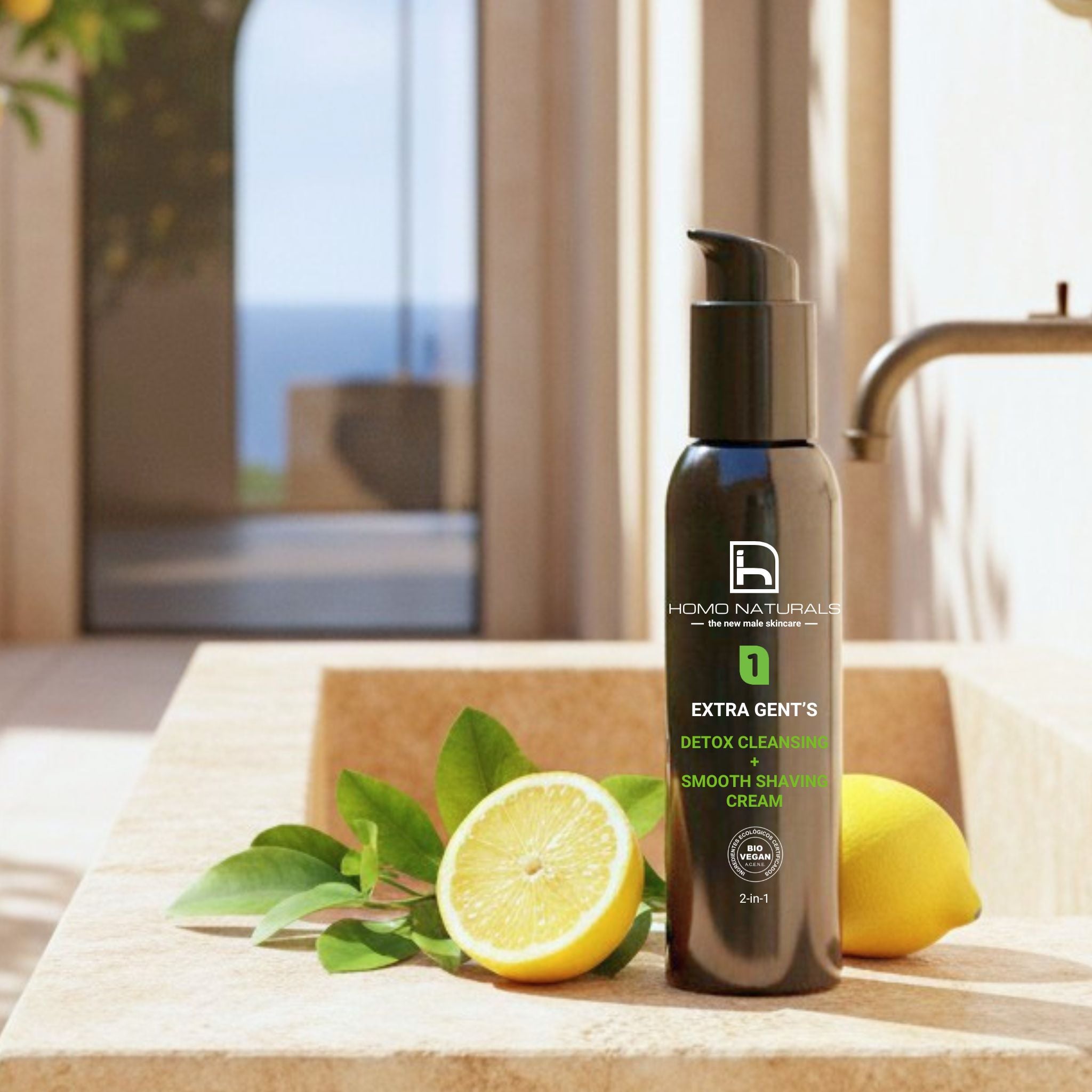 Limpiador facial y crema de afeitado natural 2 en 1 Extra Gent's de Homo Naturals, con fórmula Bio Vegan y pH 5 para el cuidado de la piel del hombre. Producto con certificación ecológica y vegana.