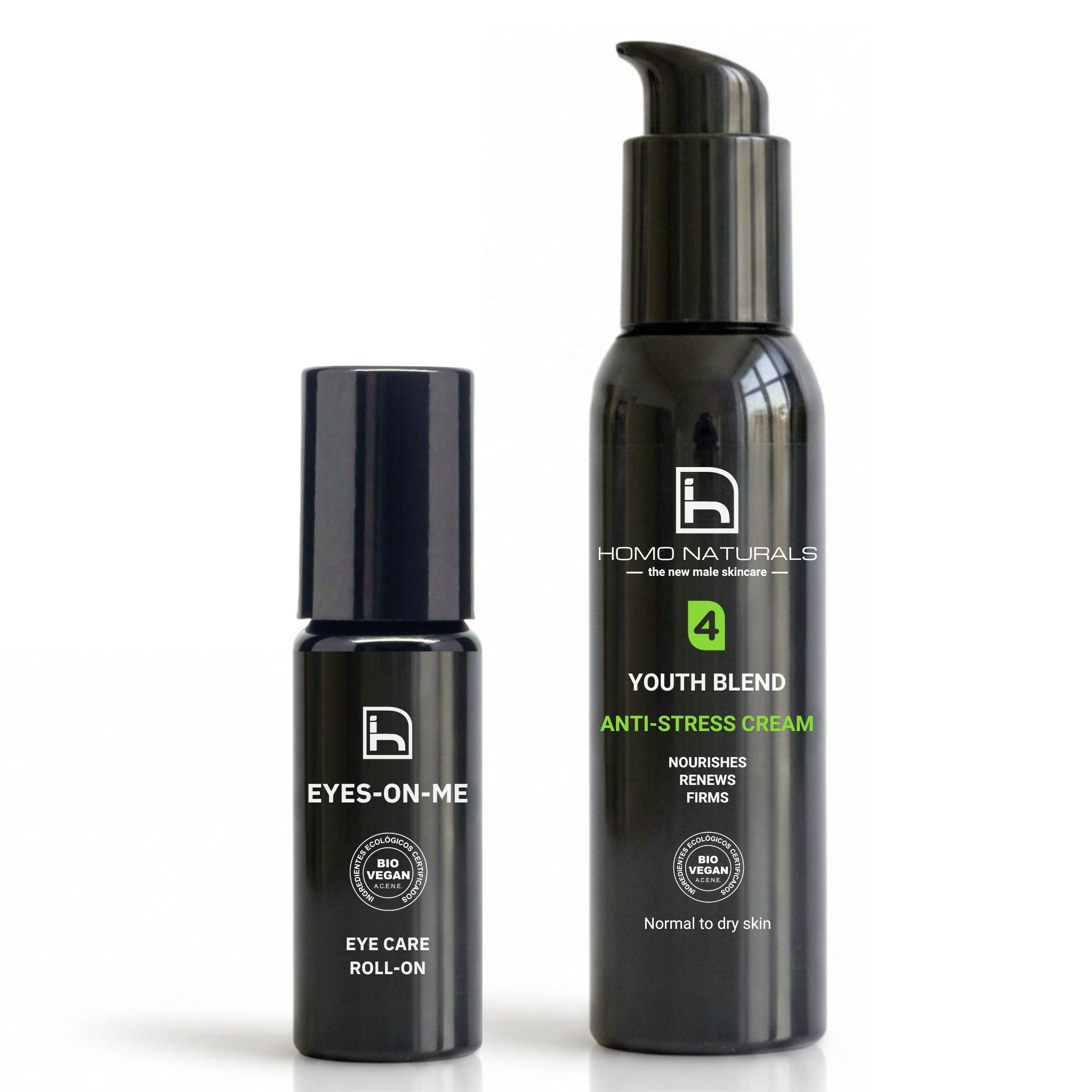 Kit antiedad para hombre de Homo Naturals con crema antiedad Anti-Stress y contorno de ojos Eyes-On-Me para ayudar a mejorar el aspecto de arrugas, patas de gallo y signos visibles de la edad.