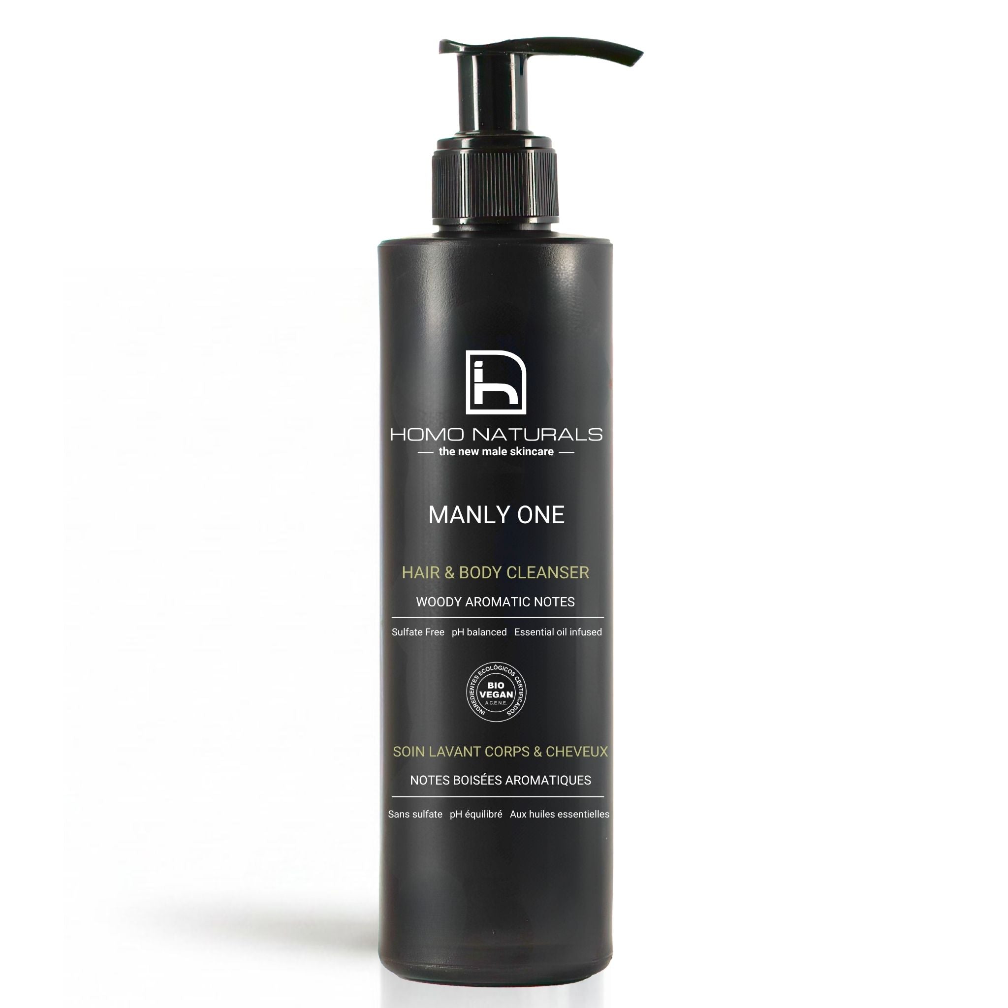 Gel de ducha natural para hombre Manly One de Homo Naturals. Formulado para limpiar suavemente la piel y el cabello en un solo paso. Sin sulfatos. Sin derivados del petróleo, sin parabenos. Certificado bio + vegan.