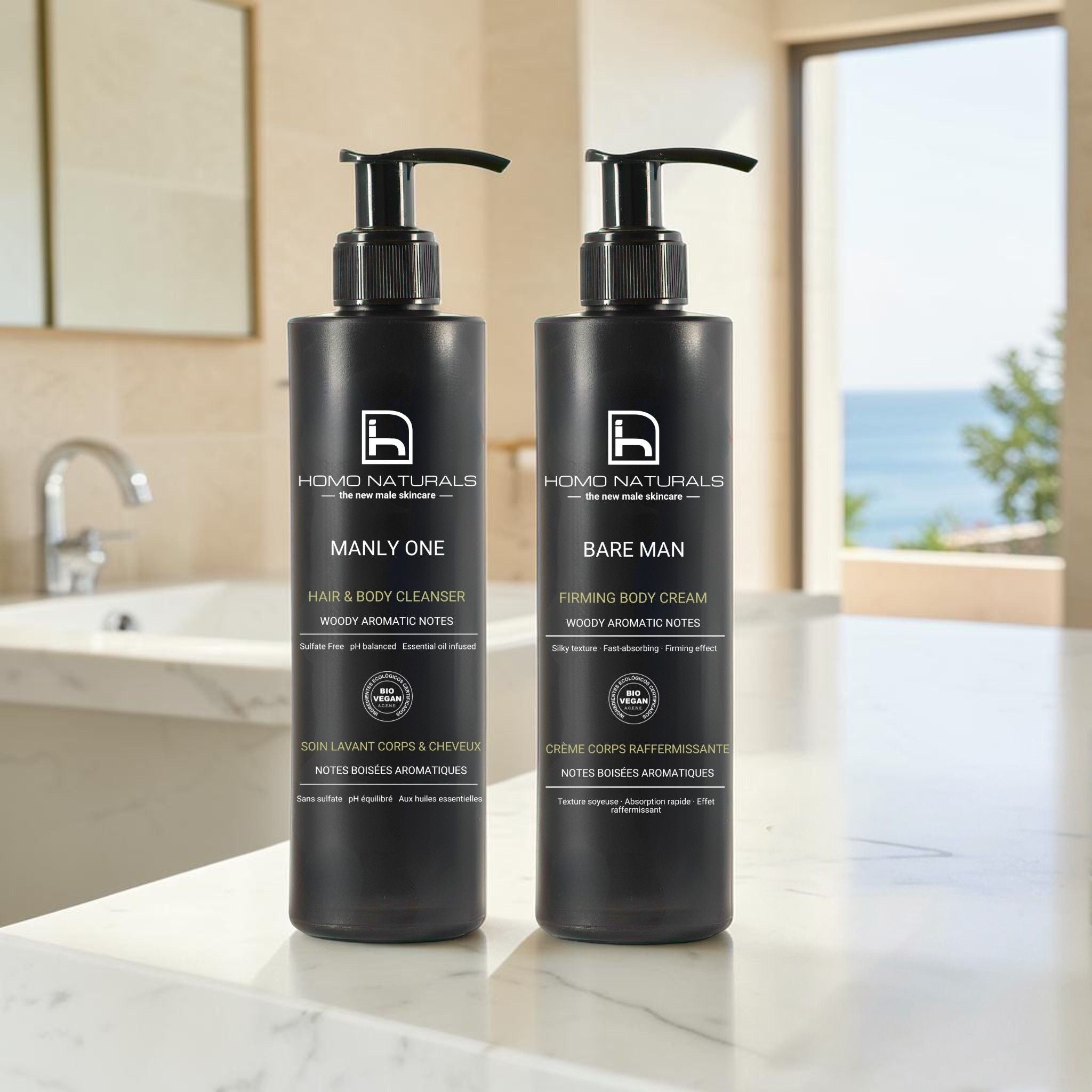 Kit de Homo Naturals con gel de ducha natural y crema corporal para hombre diseñado para limpiar, hidratar y cuidar la piel diariamente. Productos naturales con certificaicón bio + vegan. Sin derivados del petróleo. Sin disruptores endocrinos. Sin parabenos.
