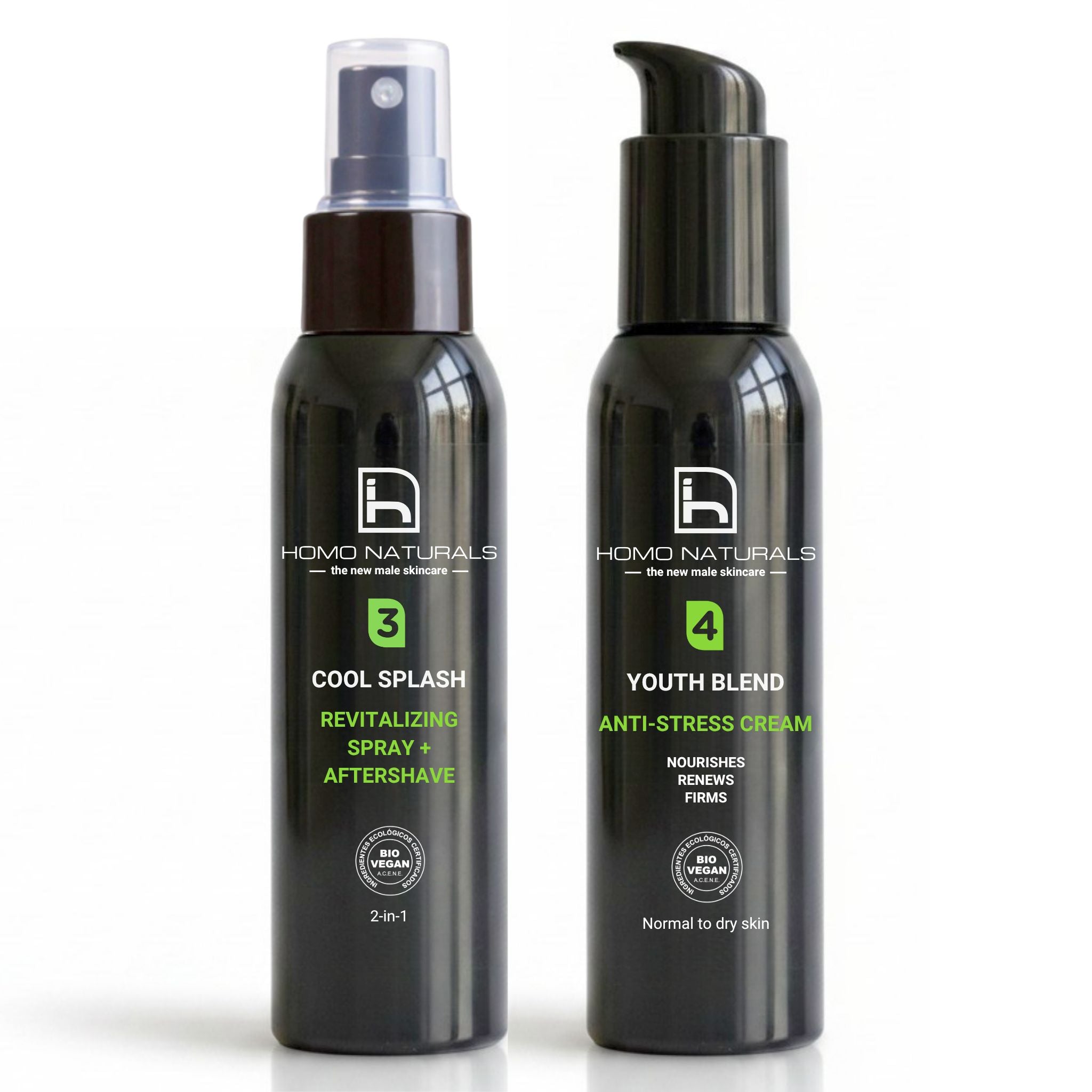 Kit Antiedad para Hombre de Homo Naturals con Cool Splash y Anti-Stress, combinación de tónico facial y crema antiedad para ayudar a mantener una piel con mejor aspecto.