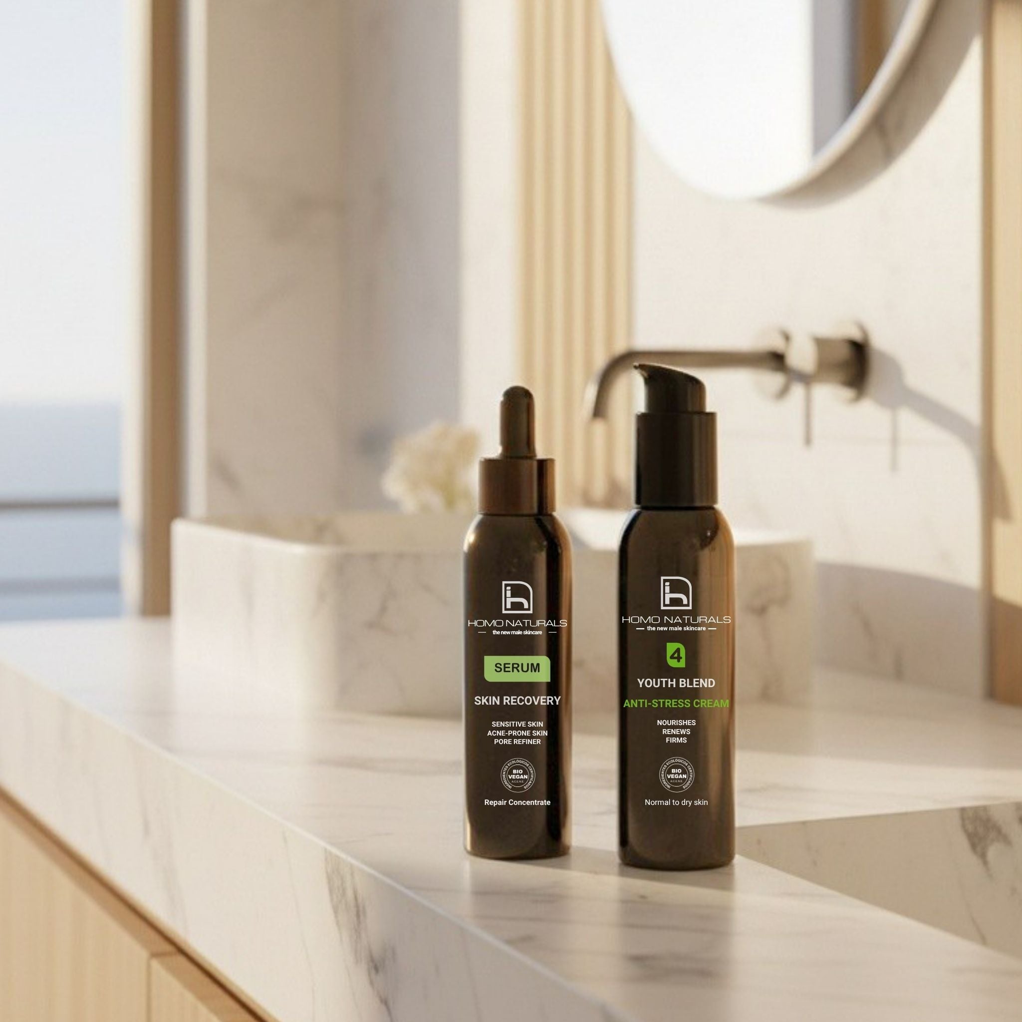 Imagen del kit de cuidado facial de la marca Homo Naturals, skincare hombre. Contiene un serum facial afinador de poros, y una crema antiedad. Productos naturales formulados para la piel del hombre con certificación bio + vegan.