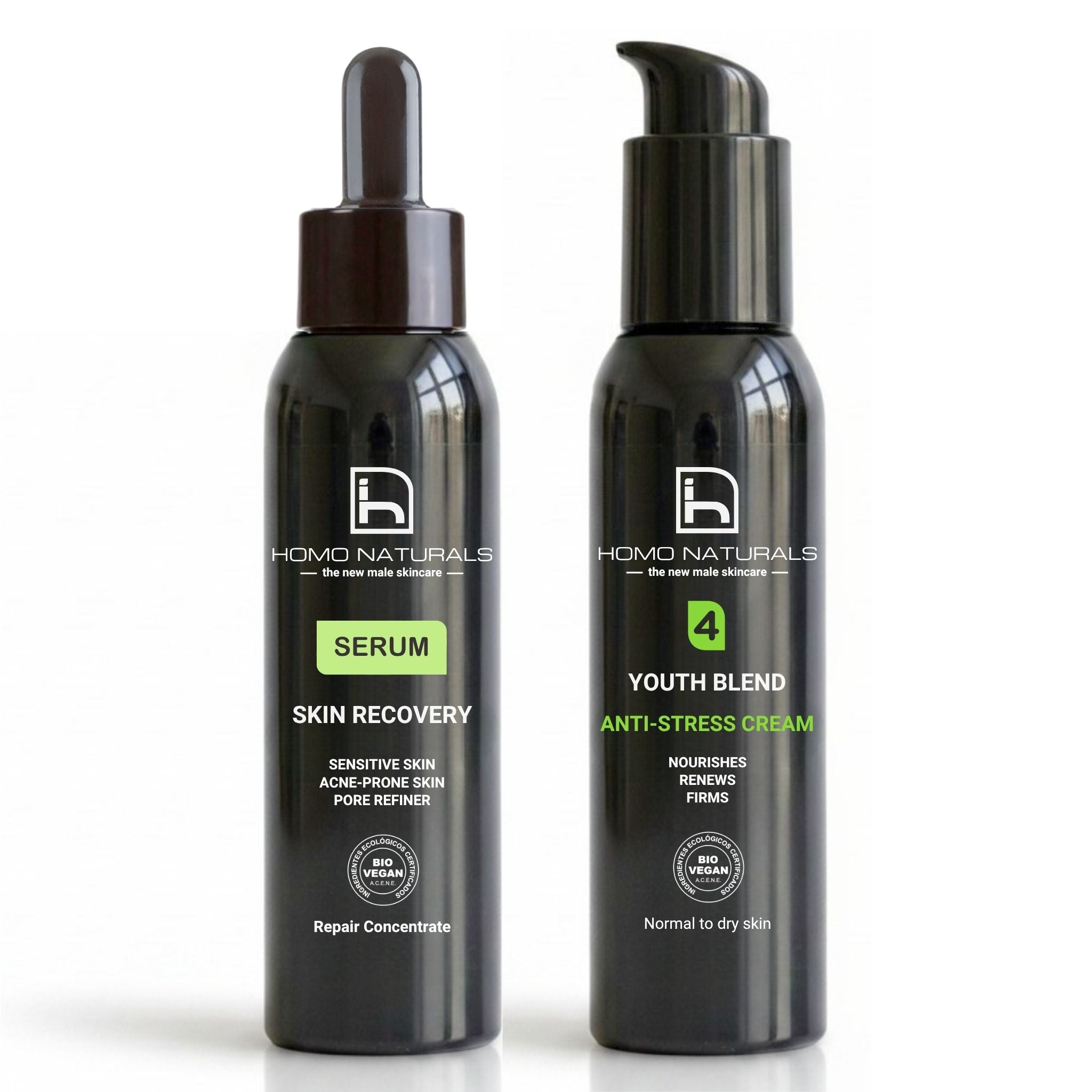 Kit de cuidado facial para hombre con serum antiedad triple función (afinador de poros, pieles sensibles y pieles acneicas) y crema antiarrugas para hombre. Skincare natural con certifcación bio + vegan.