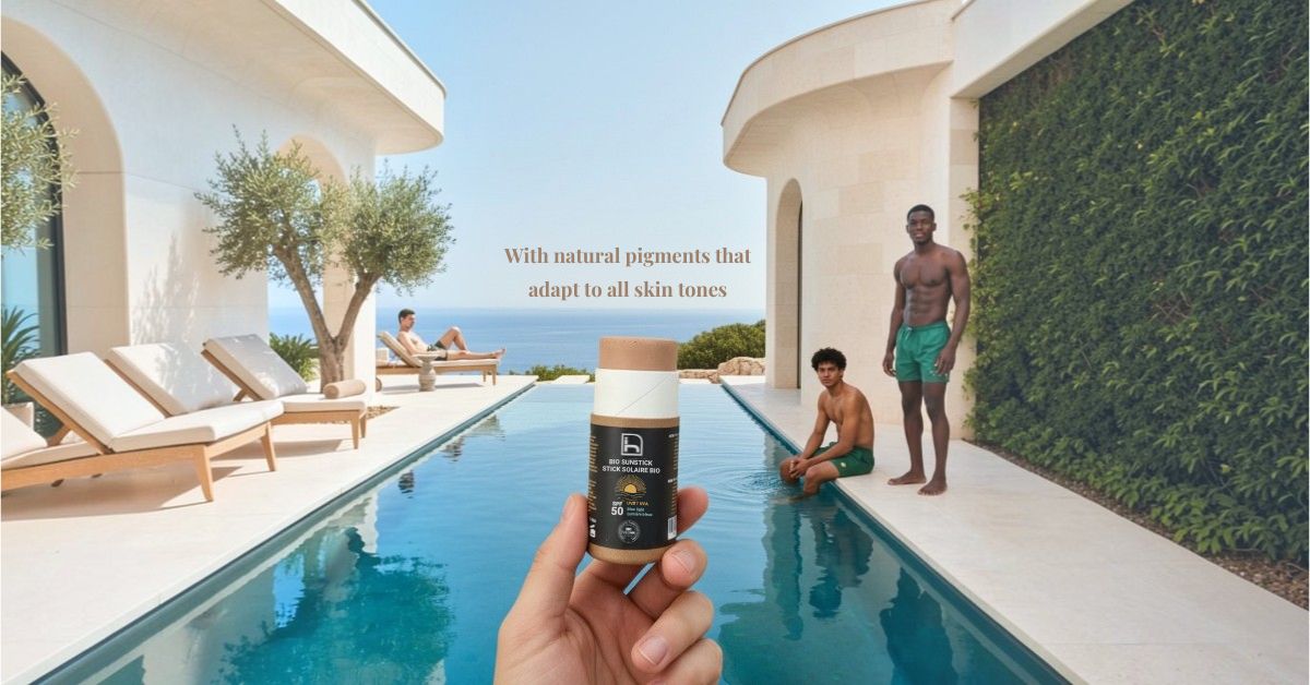 Infographic of an SPF 50 sunscreen with a physical/mineral filter that leaves no white cast. It contains plant-based pigments that camouflage the white cast of the mineral filter with a universal tint that adapts to any skin tone.