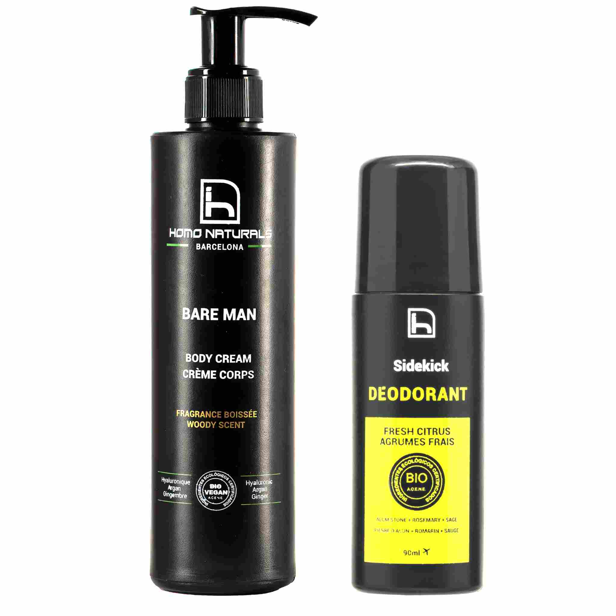 Desodorante natural sin aluminio y crema corporal para hombre