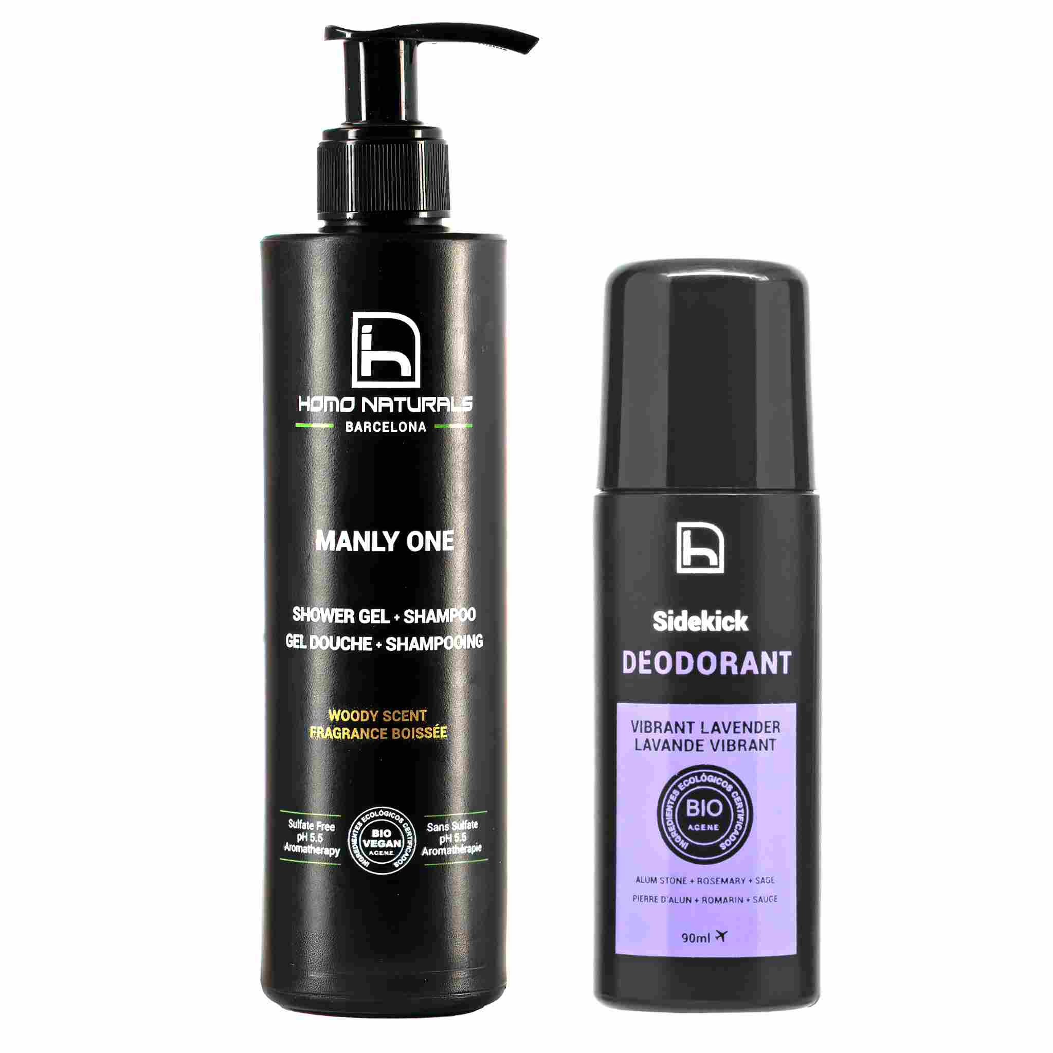 Desodorante roll on ecologico y gel de ducha para hombre