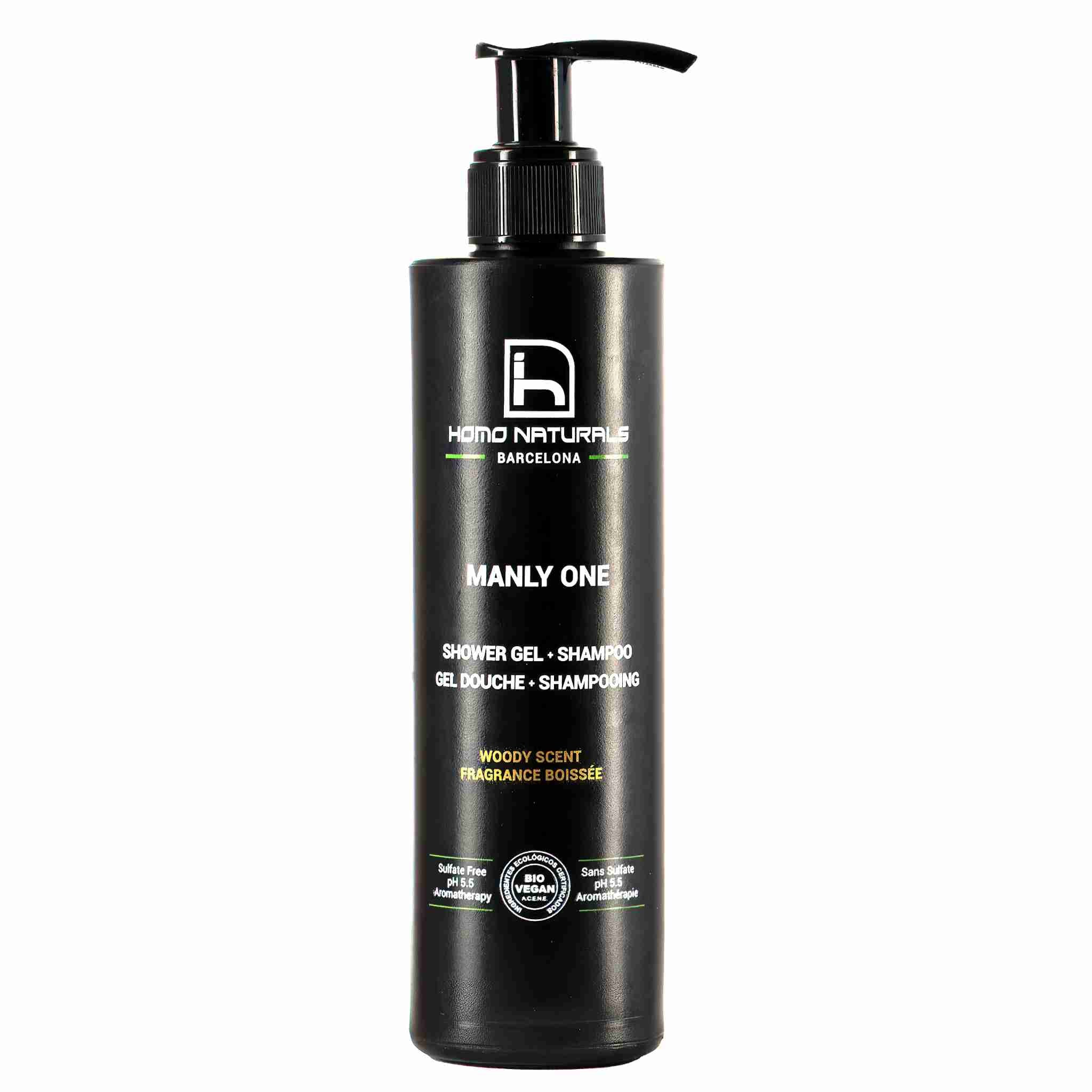 Gel de ducha para hombre. Natural y ecológico. Gel de ducha + champú 2 en 1. Sin sulfatos. pH 5. Con manzanilla. Calmante y dermoprotector. Certificado Bio y Vegano