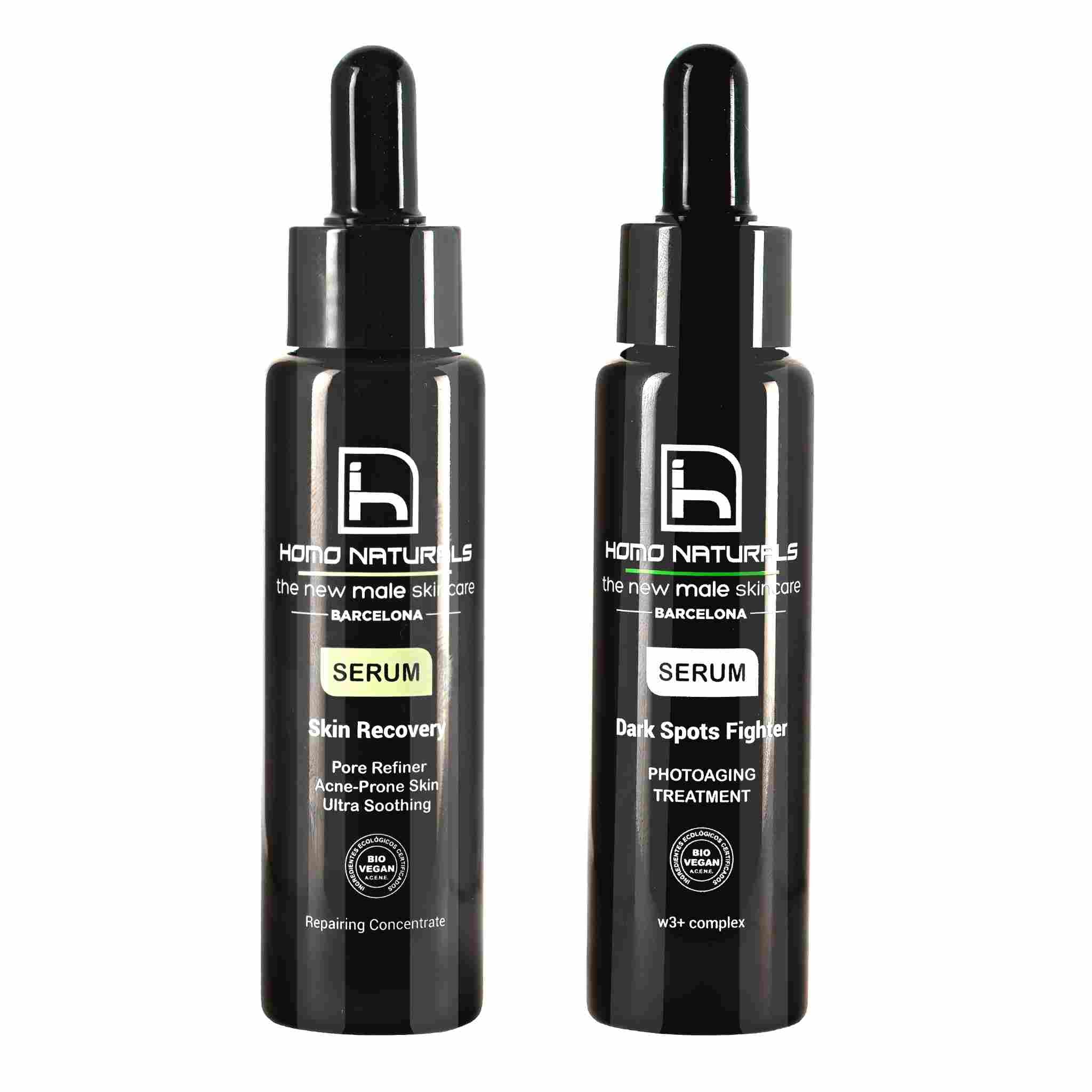 Serums antiedad para hombre. Con acido hialuronico. Funcion antimanchas, afinador de poros, pieles sensibles y acneicas. Naturales, ecologicos y veganos.