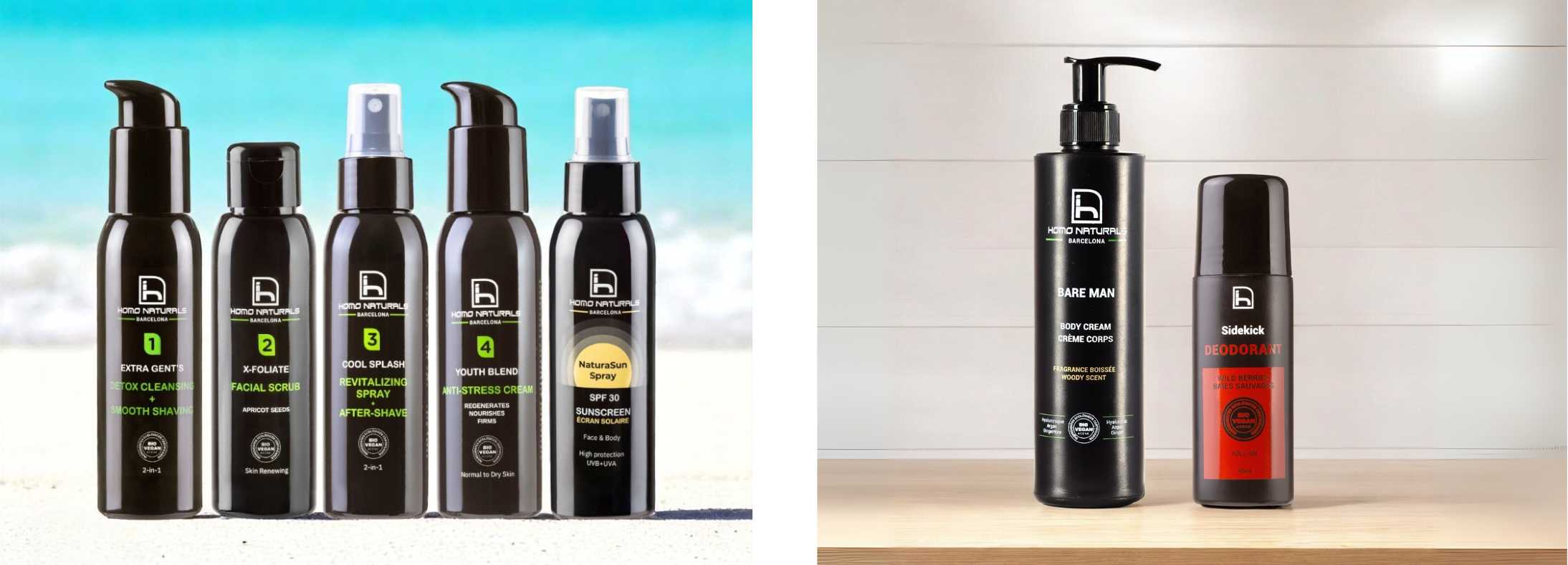Cosmética natural para hombres. Cuidado facial con crema antiarrugas. Crema corporal, desodorantes y cuidado íntimo masculino. 