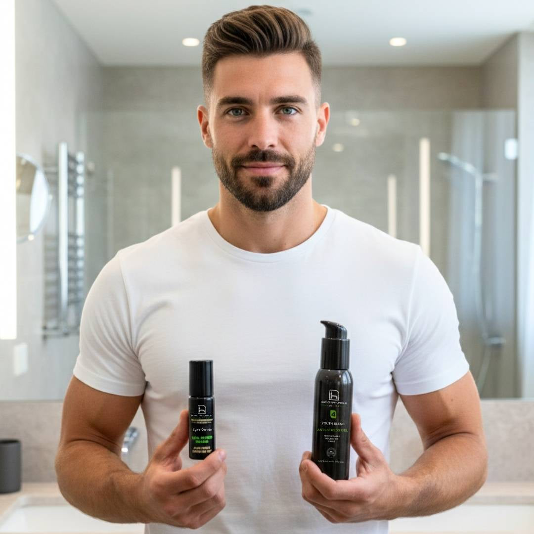 Kit antiedad de cuidado facial para hombre con crema antiedad y contorno de ojos natural para una mirada descansada y una piel cuidada.