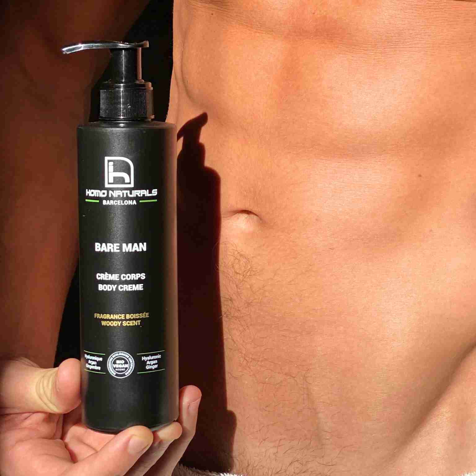 Men's body cream. Nonfat. Quick absorption. Without silicones. Without parabens. With hyaluronic acid. Natural and bio.