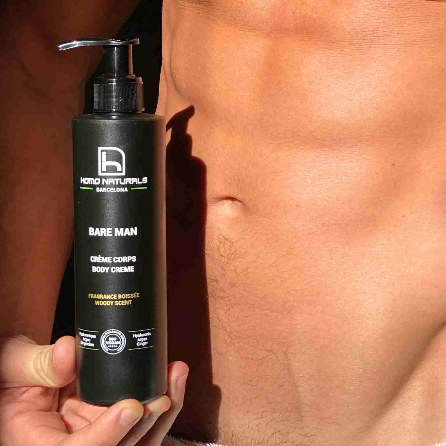 Crema corporal hombre. No grasa. Rápida absorción. Sin siliconas. Sin parabenos. Con ácido hialurónico. Natural y bio.