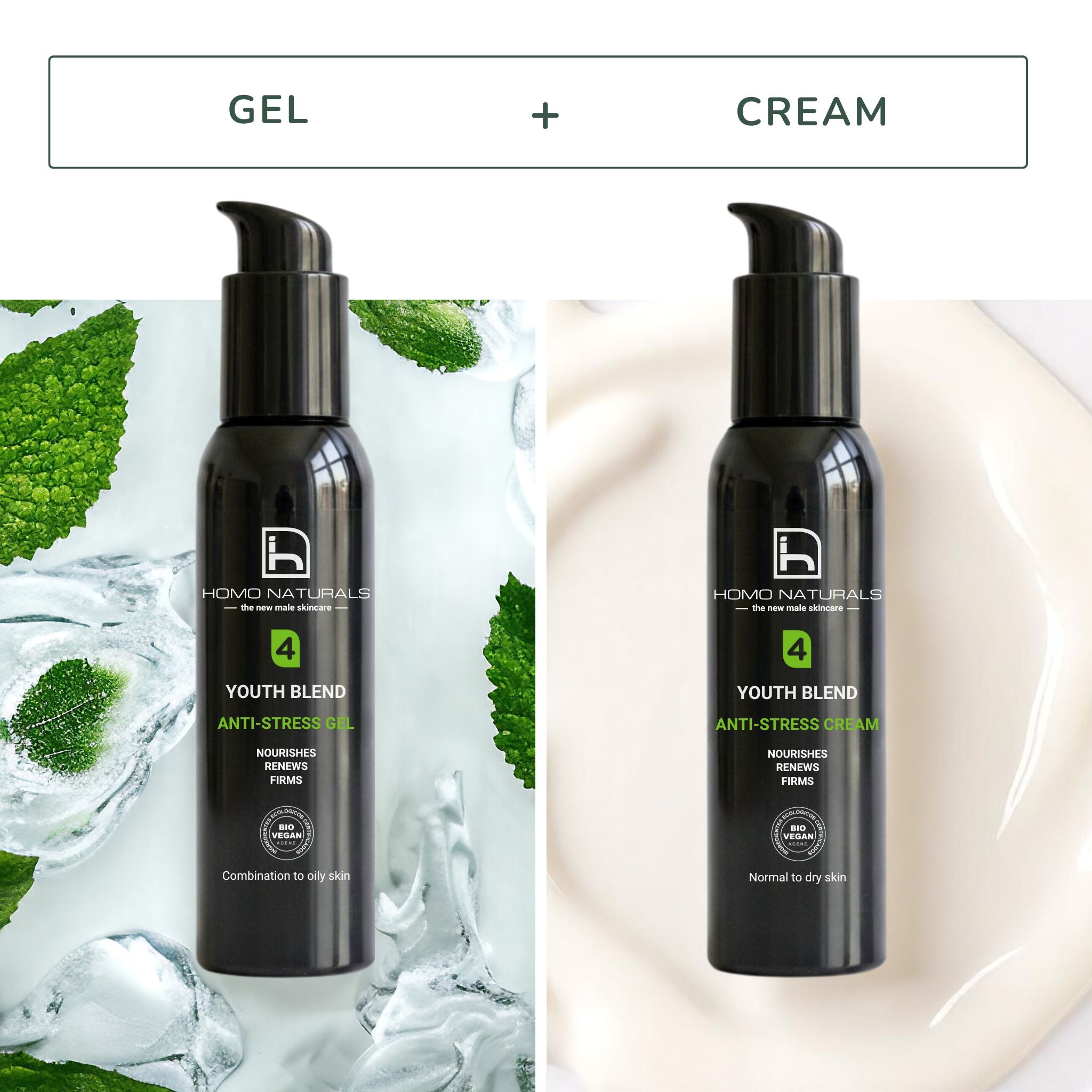Kit con las mejores cremas antiarrugas para hombre. Dos texturas para los 365 días del año. 100% Naturales, ecológicas y veganas.