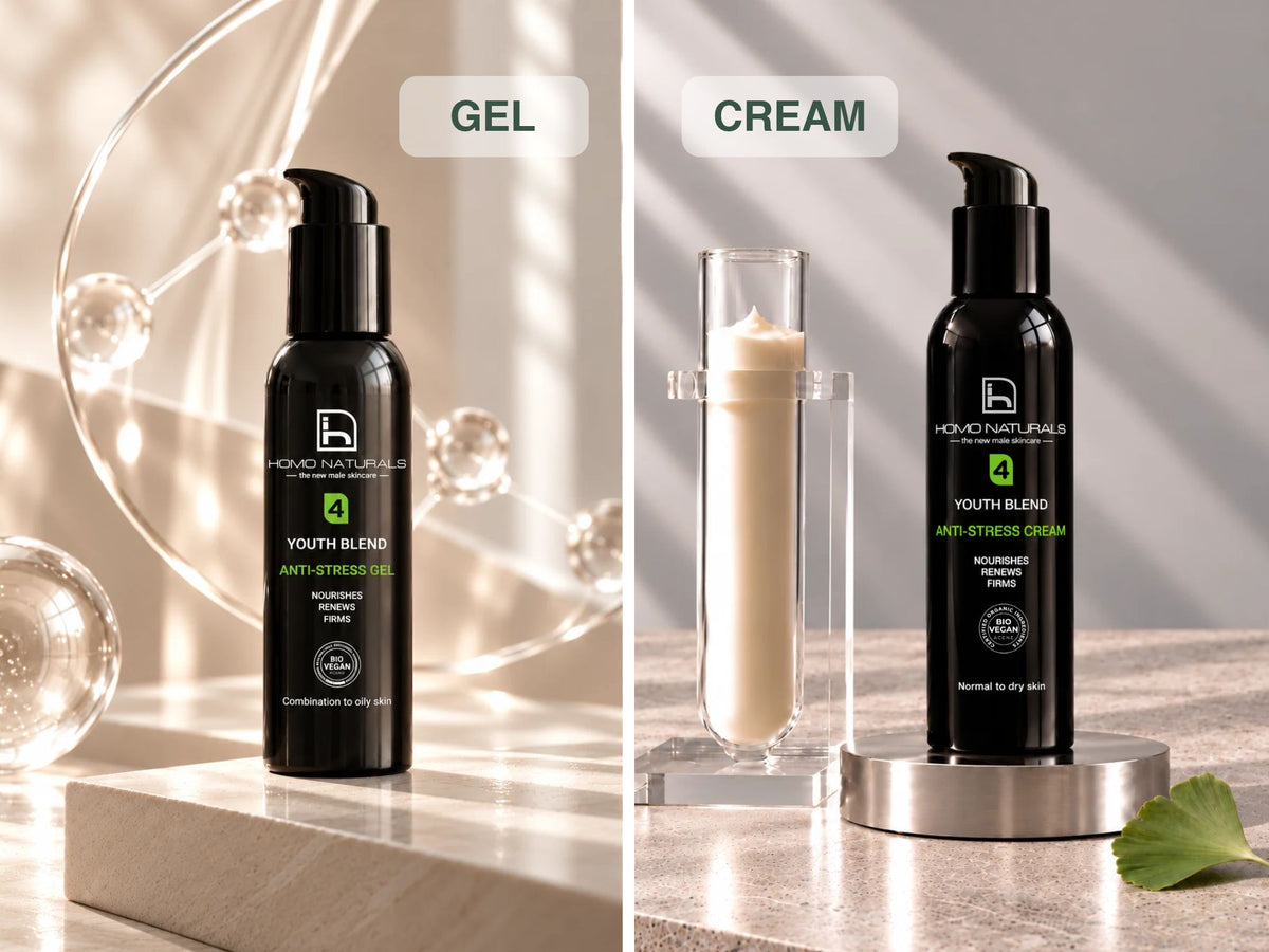 Cremas antiarrugas con tratamiento antiedad para la piel del hombre. Disponibles en 2 formatos: Textura en gel para piel mixta/grasa y en textura crema para piel normal o seca. También ideal para usar el gel en verano y la crema en invierno. Opción adicional de kit 365 con ambas texturas para todos los días del año. Ambas texturas contienen péptidos de Sacha Inchi, Bakuchiol (el retinol natural) y ácido hialurónico de bajo peso molecular. Además están certificadas como Bio + Vegan.