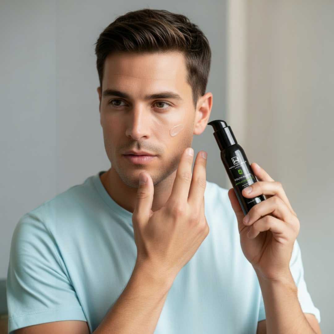 Productos naturales de cuidado facial para hombre. Crema antiedad para piel mixta y grasa. Crema antiarrugas sin parabenos. Contorno de ojos para quitar bolsas y ojeras, serums,  tratamientos y rutinas completos de cosmética natural masculina.
