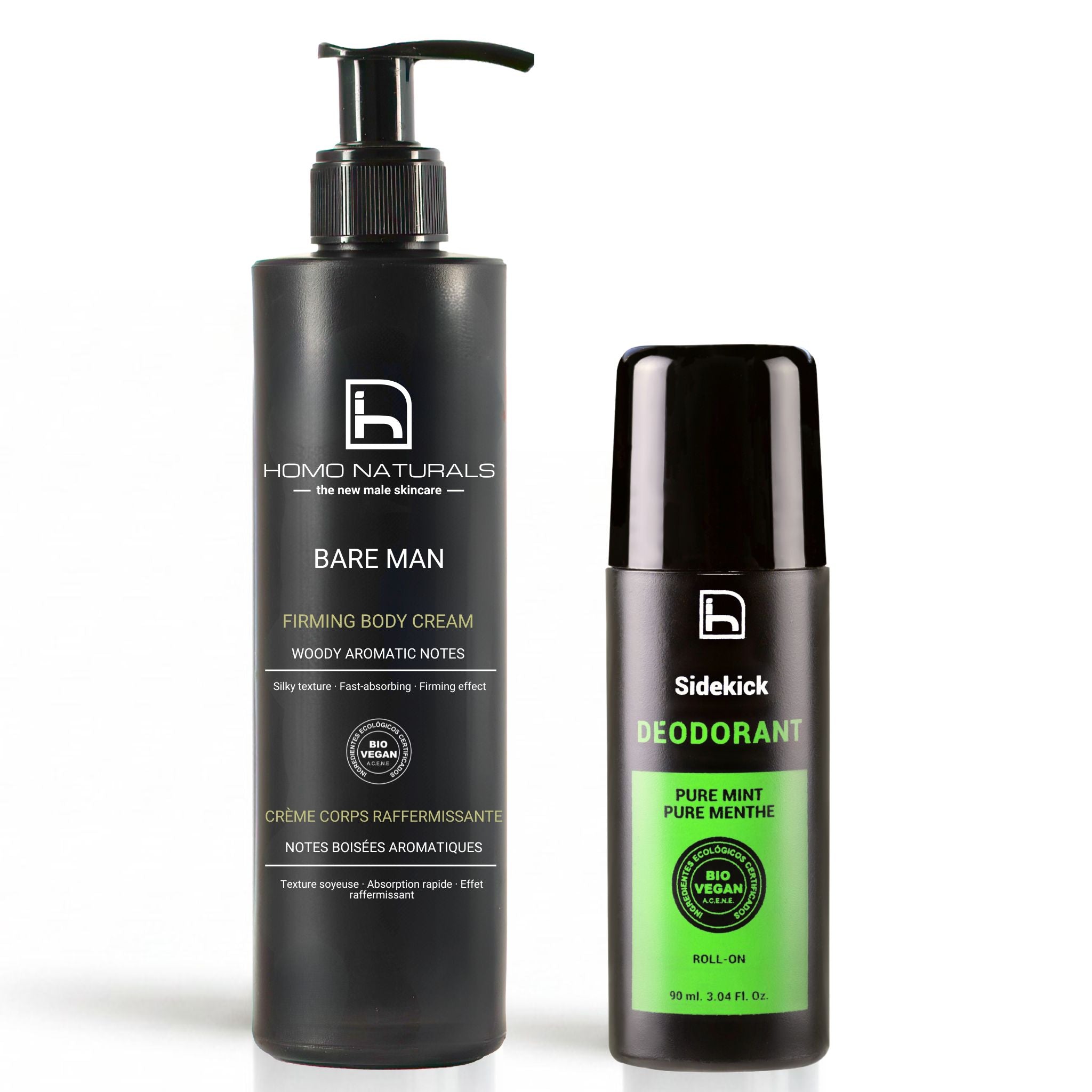 Kit de cuidado corporal para hombre de Homo Naturals. Contiene una crema corporal y un desodorante natural sin aluminio y sin alcohol, bio + vegan.