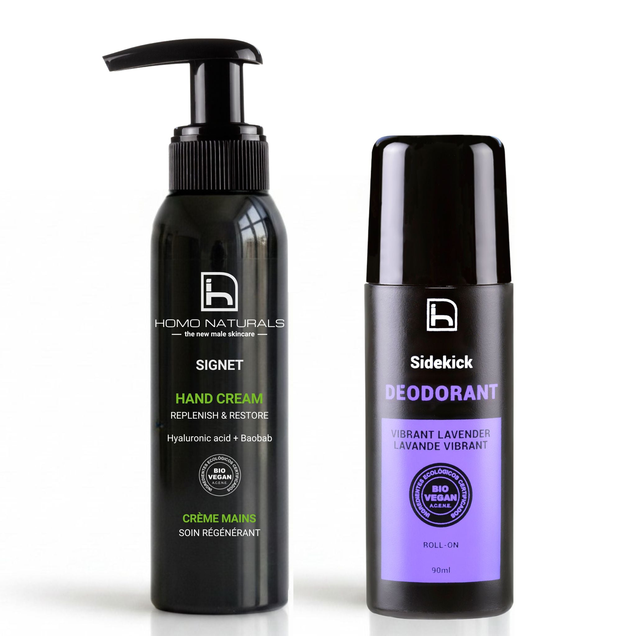 Kit para hombre de Homo Naturals con desodorante natural Sidekick Vibrant Lavender y crema de manos Signet para una rutina diaria de higiene y cuidado de la piel.
