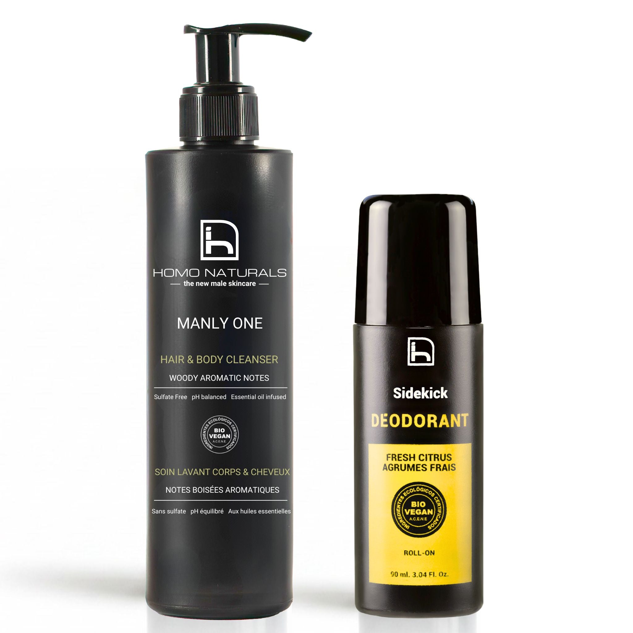 Gel de ducha orgánico para hombres y desodorante bio sin alcohol y sin aluminio. Productos naturales para la piel del hombre. Ideal para regalar.