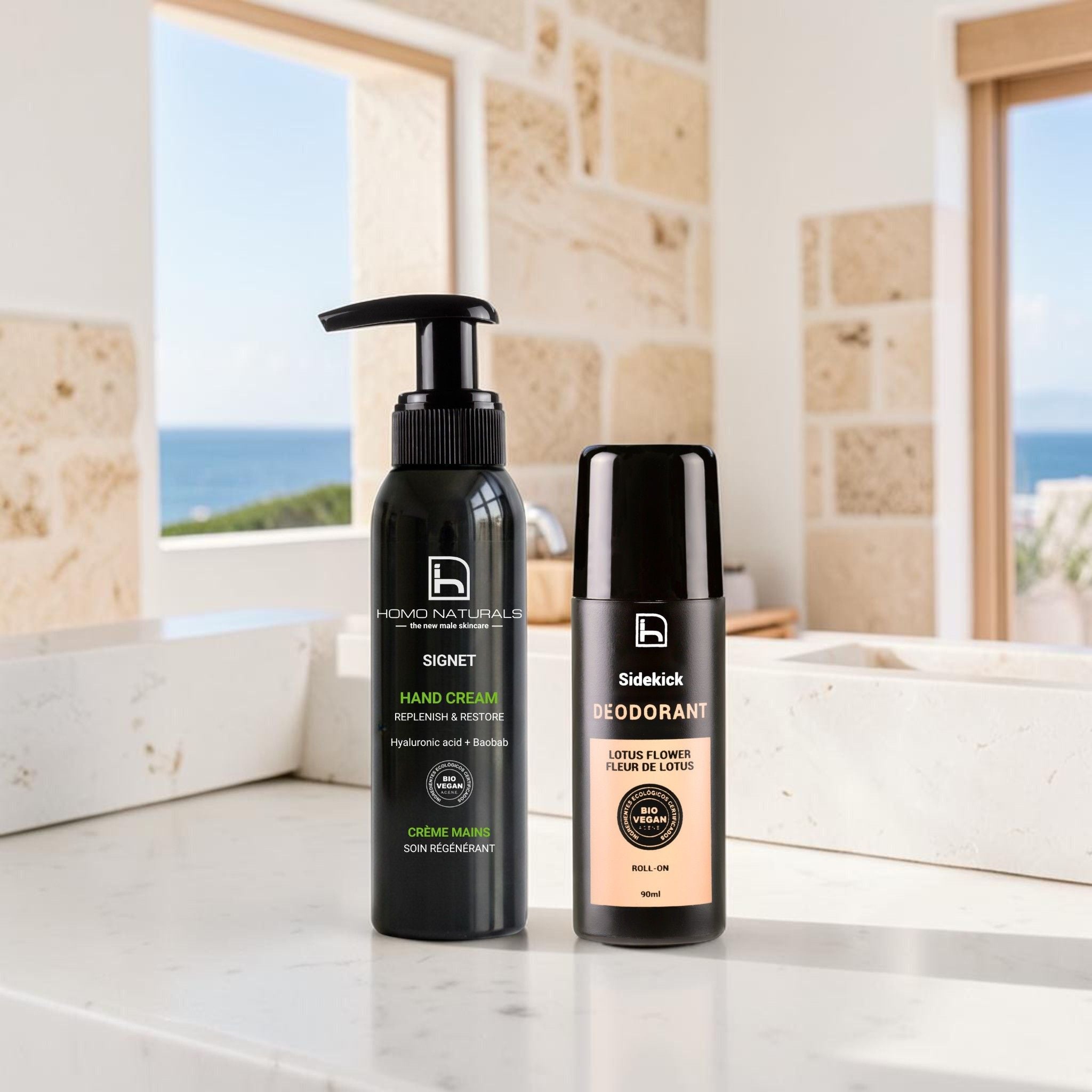 Kit de Homo Naturals con desodorante natural y crema de manos para hombre presentado en un entorno de cuidado personal orientado al bienestar y la hidratación diaria de la piel.
